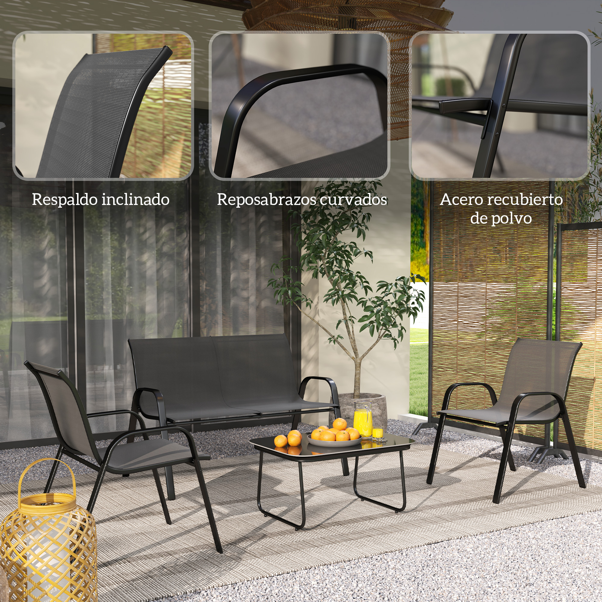 Juego de muebles de exterior con marcos negros y asientos de malla gris. Naranjas y jugo en la mesa.
