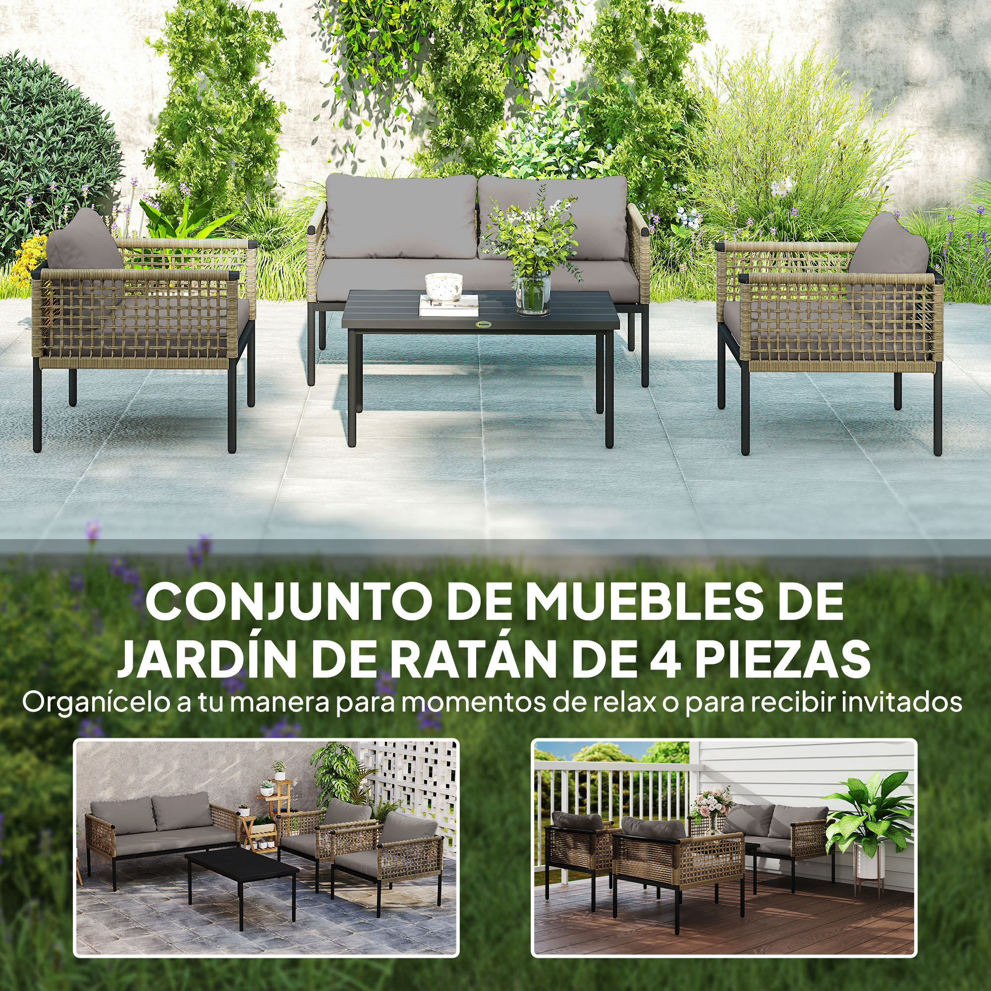 Juego de muebles de ratán para exterior. Incluye sofá, dos sillas y mesa, con follaje verde de fondo.