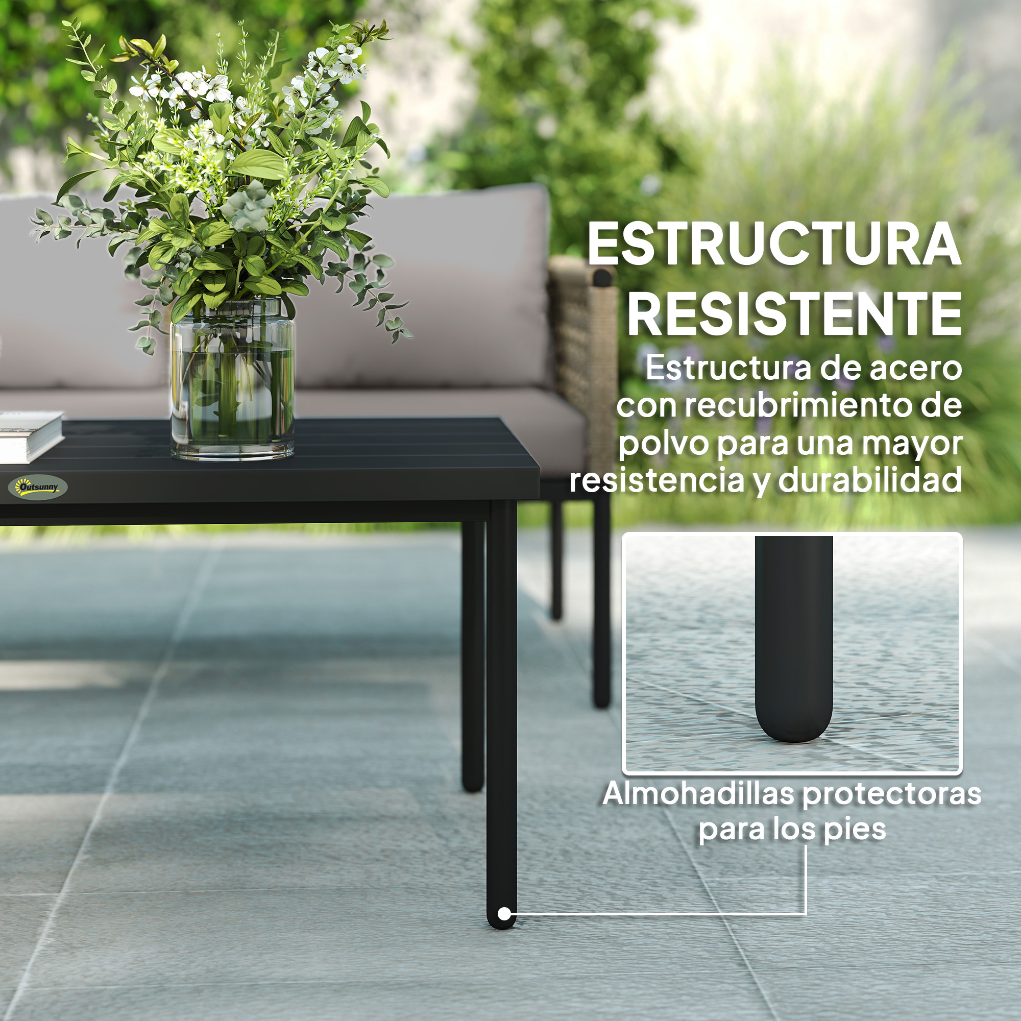 Una mesa negra con un jarrón de vidrio con flores. Texto: 'ESTRUCTURA RESISTENTE' y 'Almohadillas protectoras'.