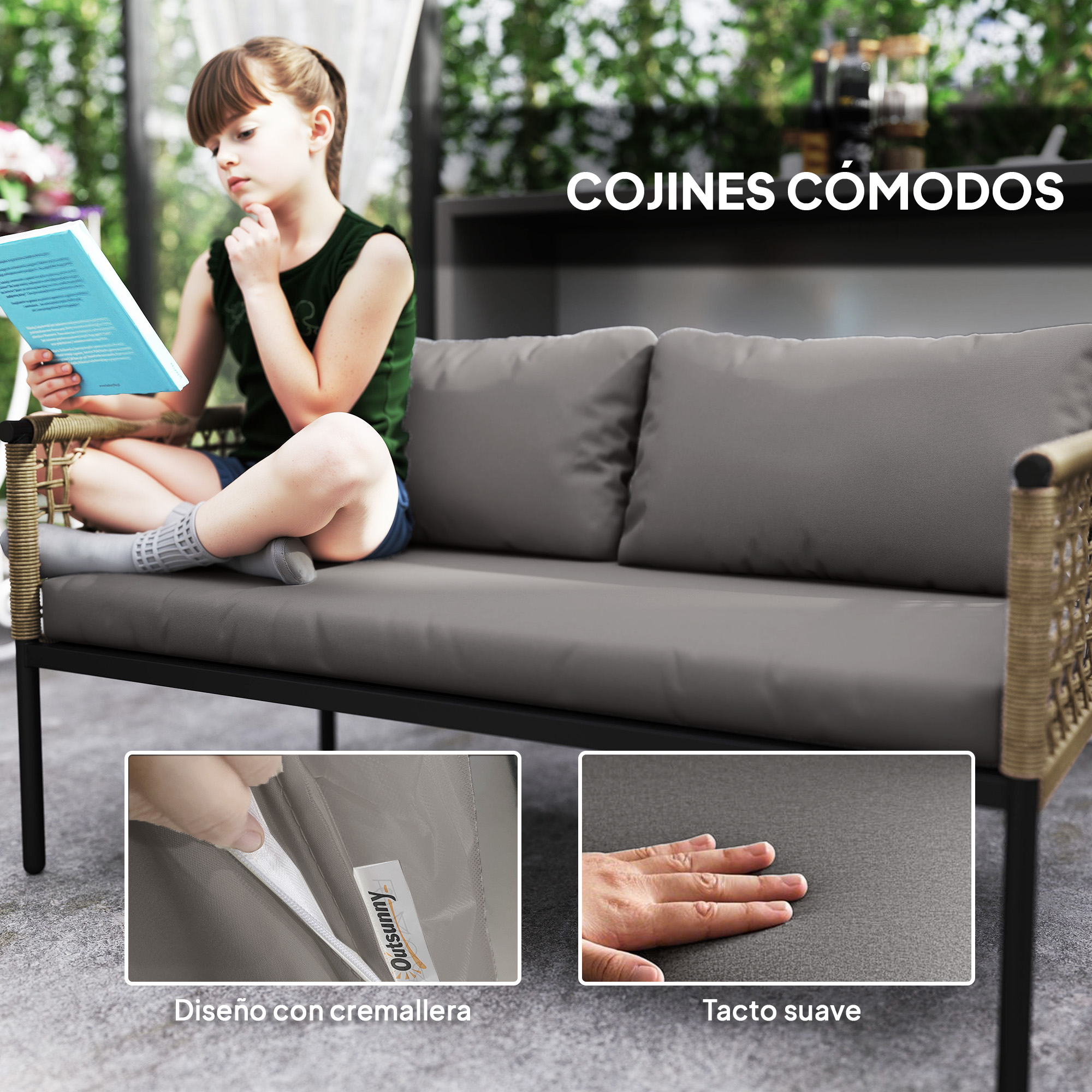Una niña lee un libro en un sofá gris al aire libre. El detalle muestra la cremallera y el tacto suave del cojín. El fondo es verde borroso.