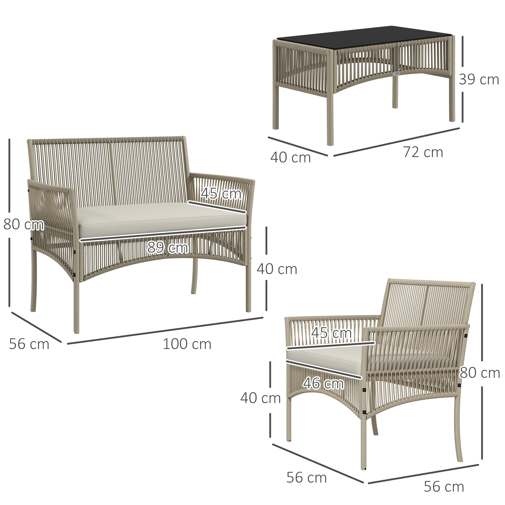Tres muebles de exterior: un sofá de dos plazas, una mesa de centro y un sillón. Cada pieza es beige con dimensiones.
