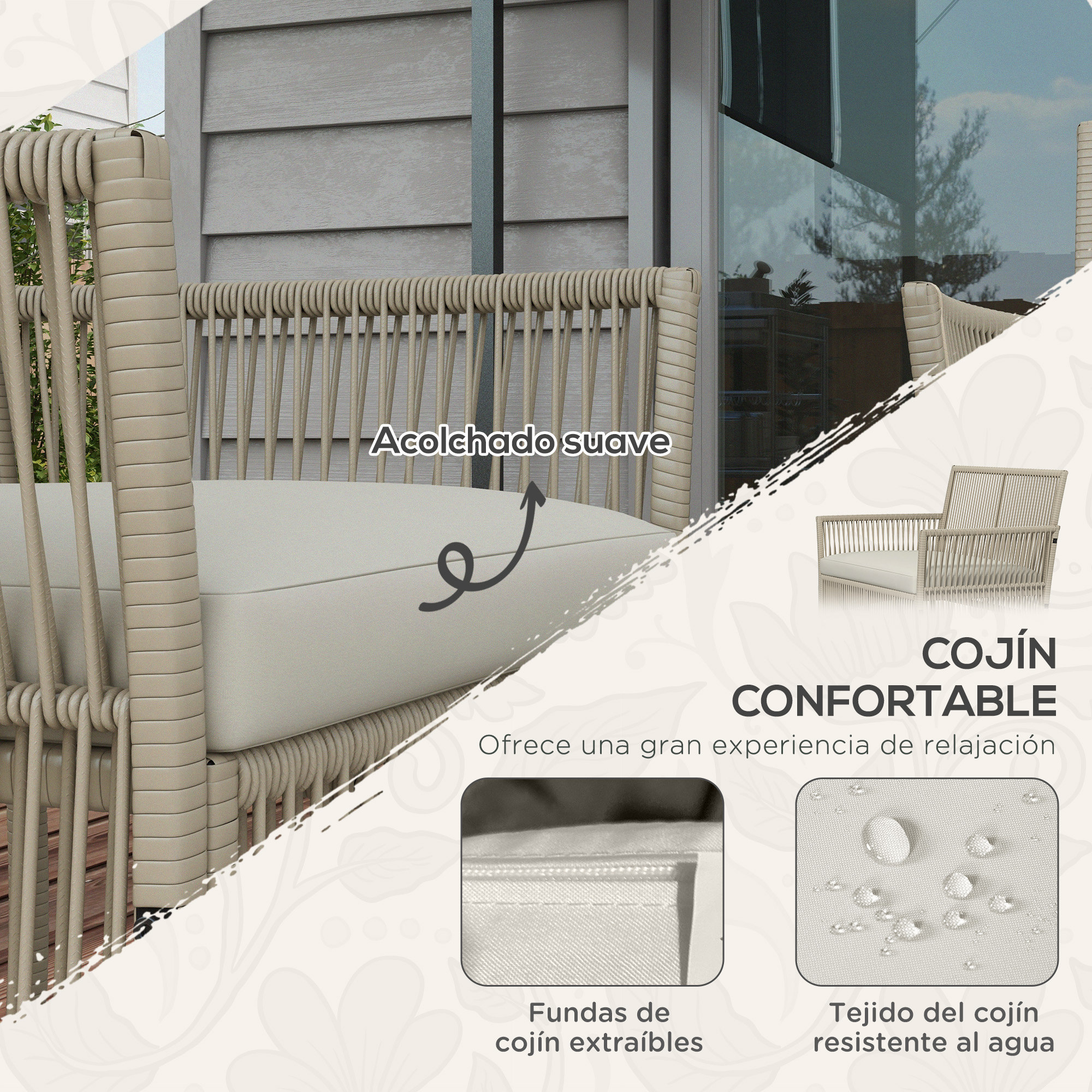 Una silla acolchada beige con relleno suave. Tiene fundas de cojín extraíbles y tejido resistente al agua.