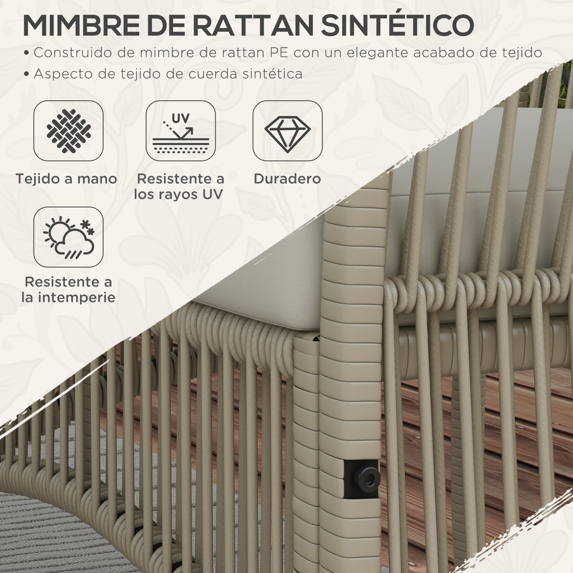 Primer plano de una silla de ratán sintético beige. Características: diseño tejido a mano, resistencia a los rayos UV y a la intemperie.