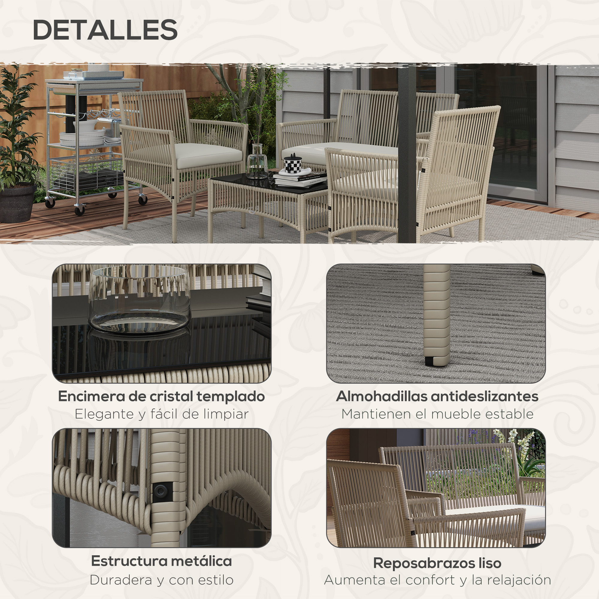 Juego de muebles de exterior con mesa, sillas y carrito. Detalles de mesa de vidrio, cojines antideslizantes, marco metálico y reposabrazos.