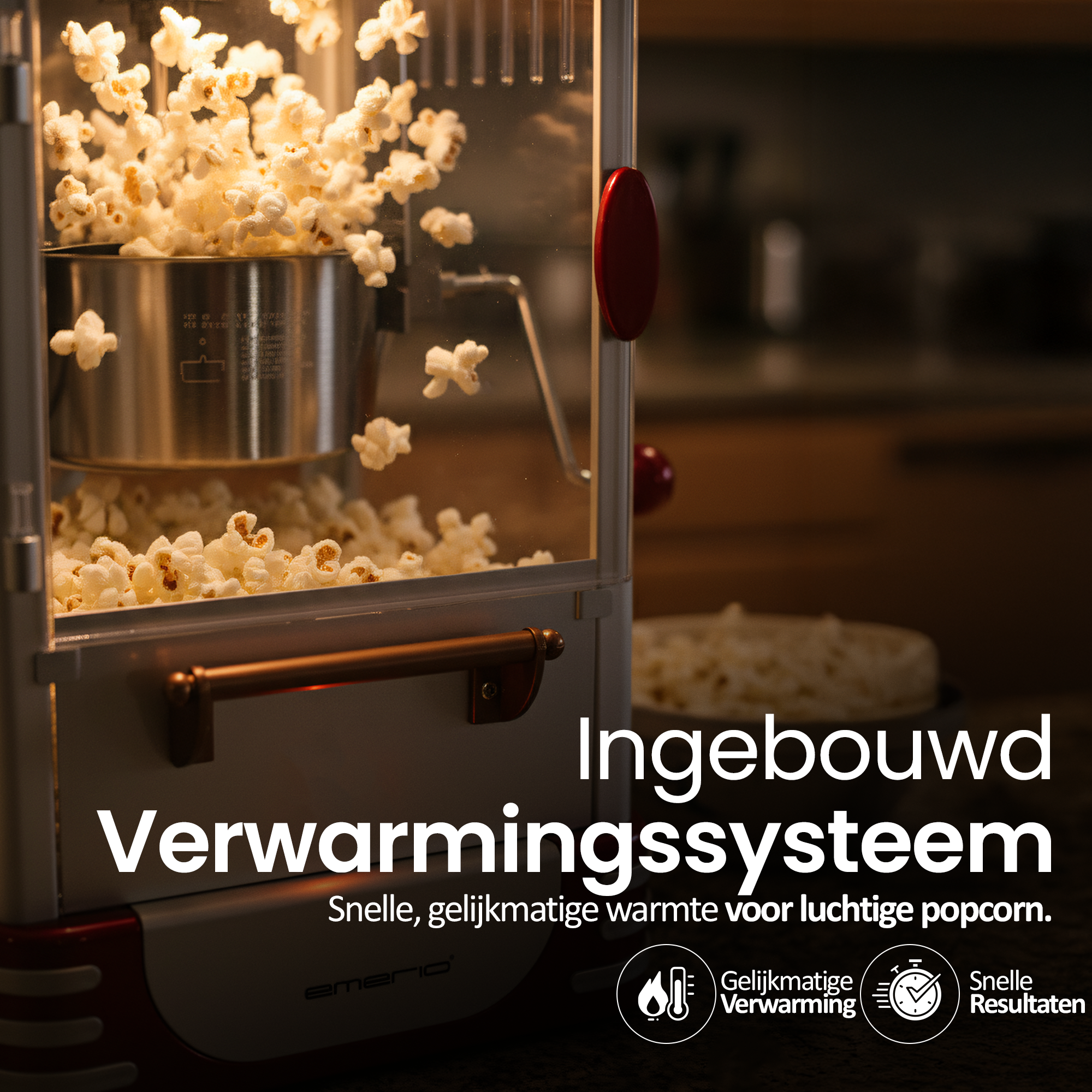 Popcornmaschine mit Popcorn. Rote Akzente, weißer Text: Ingebouwd Verwarmingssysteem. Text darunter: Snelle, gelijkmatige warmte voor luchtige popcorn.