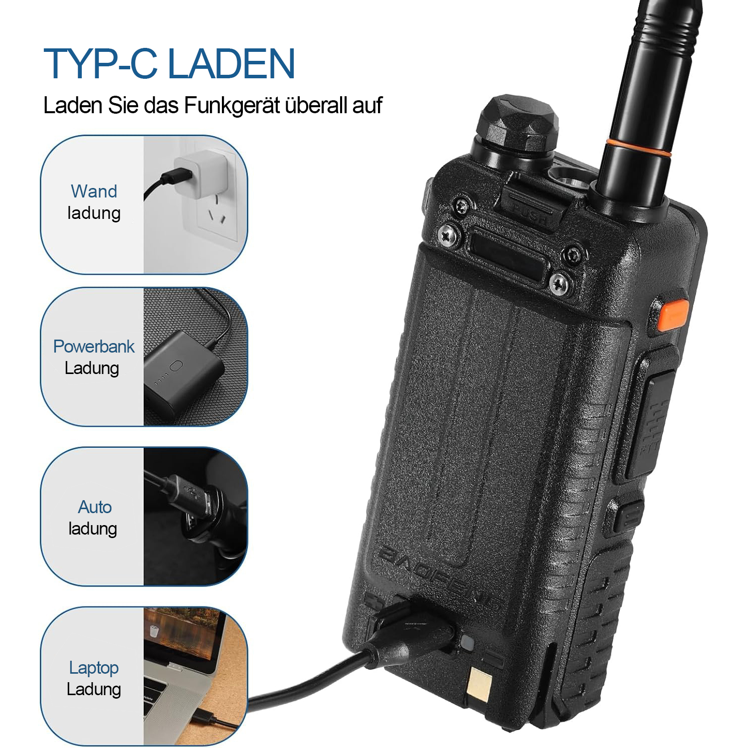 Un walkie-talkie negro se carga por USB-C. Los iconos muestran opciones de carga: pared, banco de energía, coche y portátil.