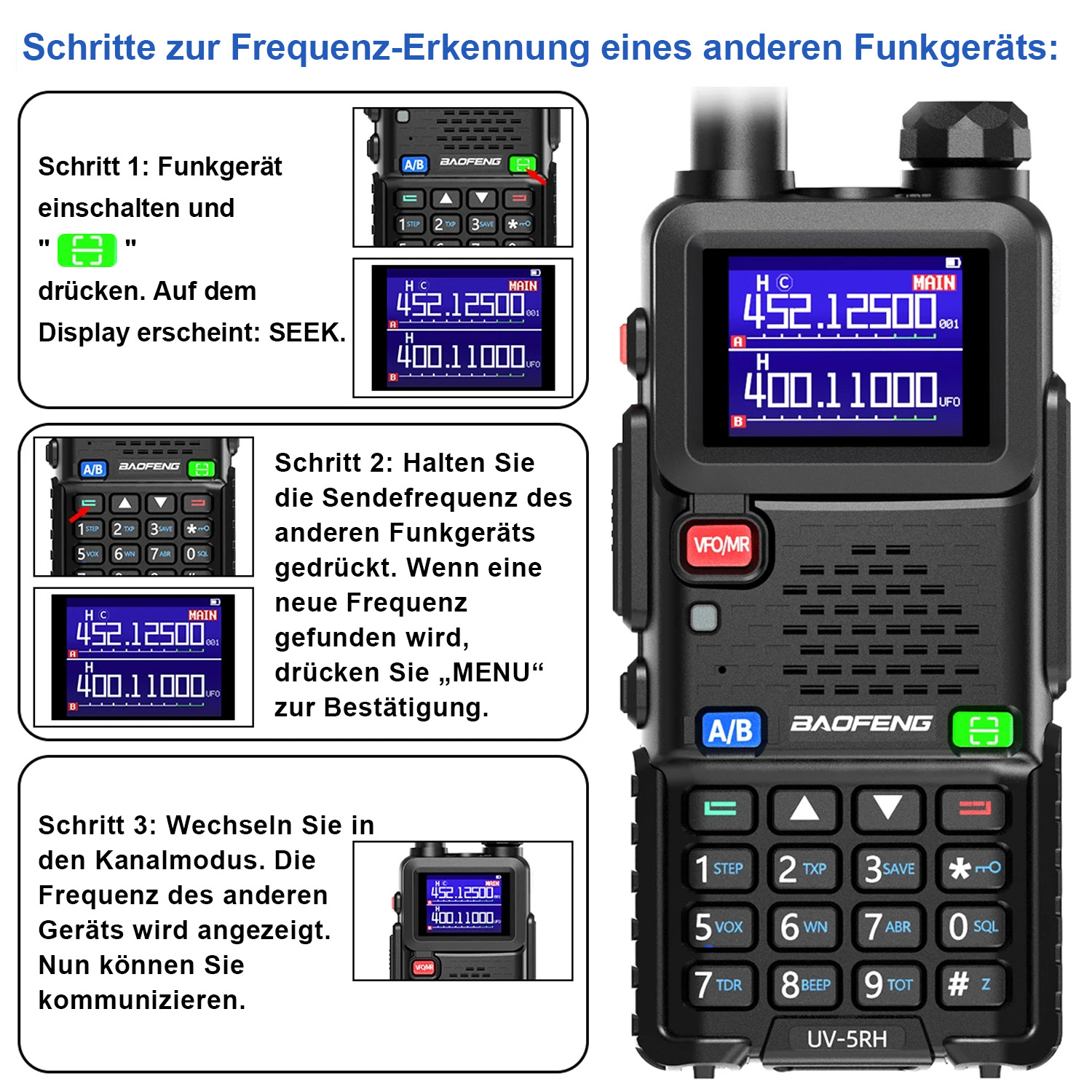 Una radio negra Baofeng UV-5RH que muestra los pasos para el reconocimiento de frecuencia. Incluye capturas de pantalla y descripciones de botones.