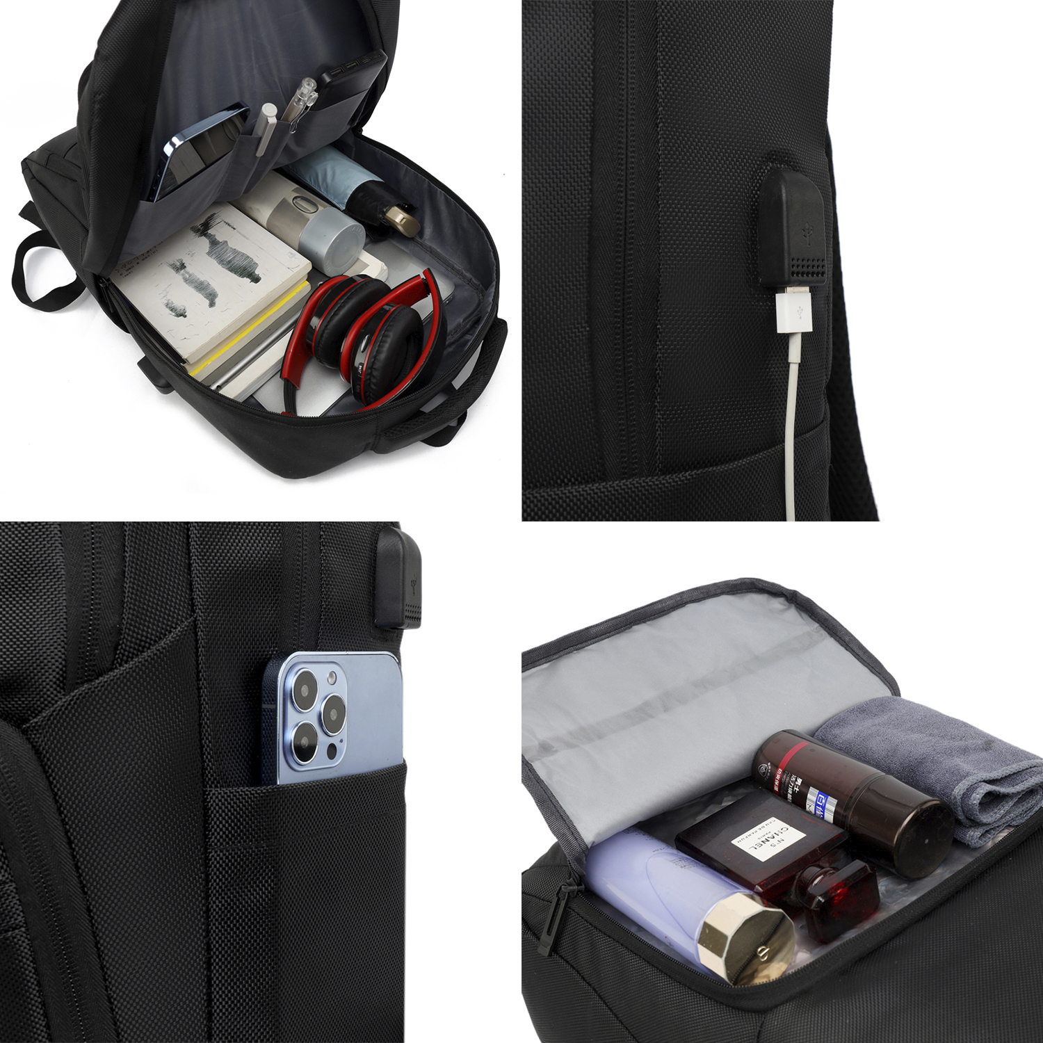 Zaino nero con scomparti aperti che mostrano cuffie, libri, un telefono e altri oggetti. Anche porta USB e tasca per telefono.