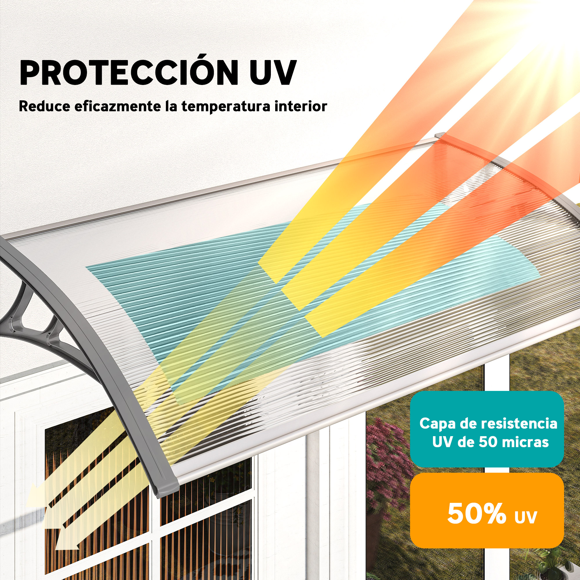 Un toldo protege de los rayos UV. La imagen muestra una pared blanca, luz naranja y una ventana.