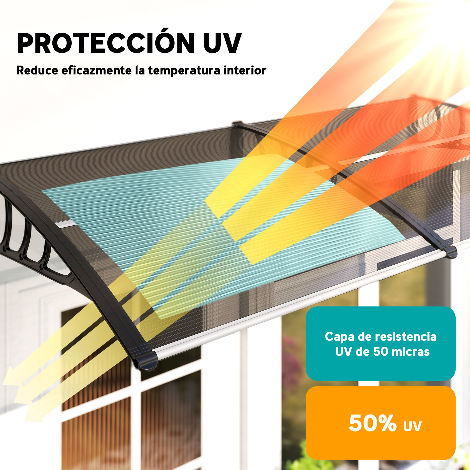 Un toldo con marco negro y cubierta azul. El texto indica protección UV y reducción del 50% de los rayos UV.