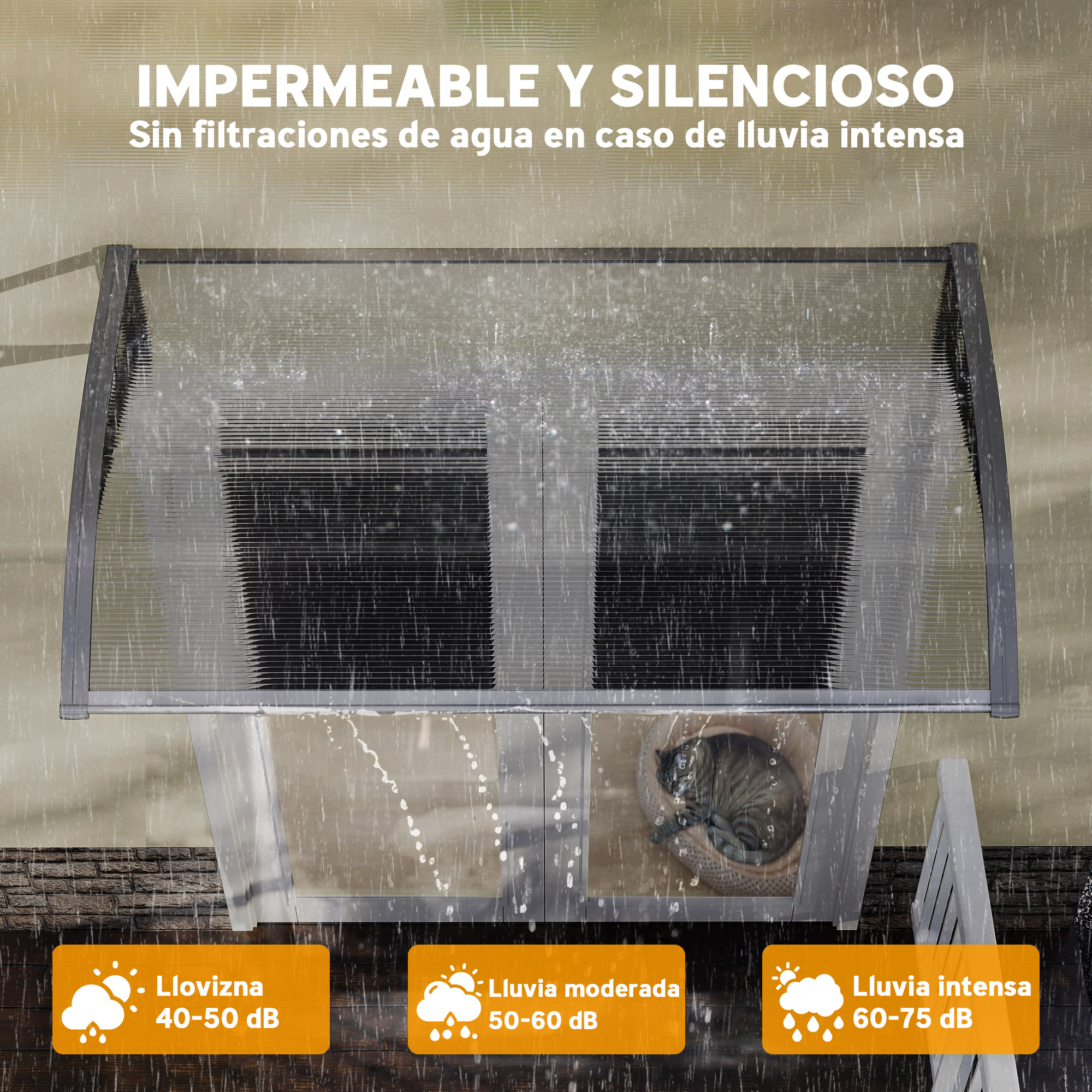 Un toldo transparente bajo la lluvia. El texto dice 'impermeable y silencioso'. Un gato duerme debajo. Se muestran diferentes niveles de dB.