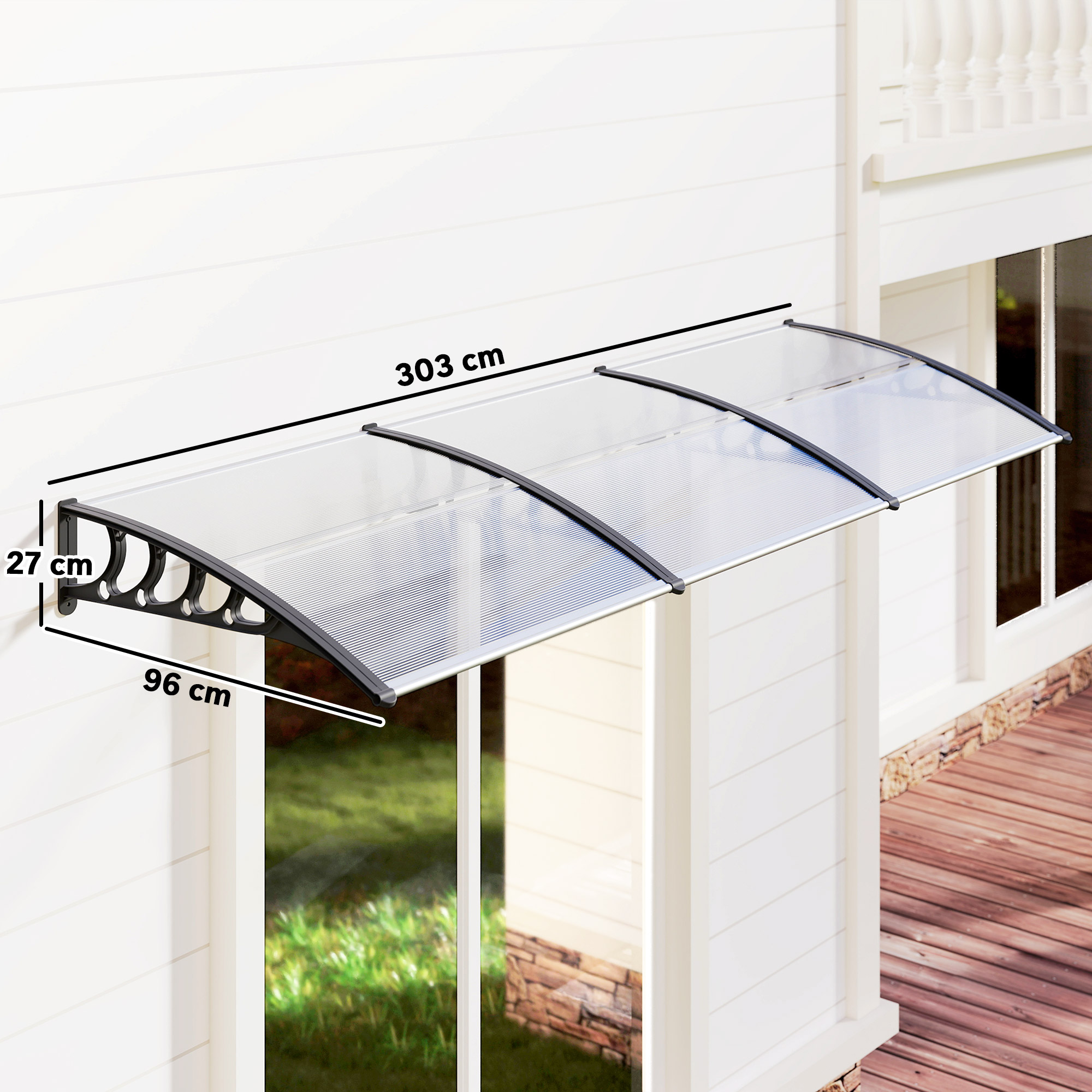 Un toldo transparente está montado sobre una puerta. Se muestran las dimensiones. La puerta está en un edificio blanco.