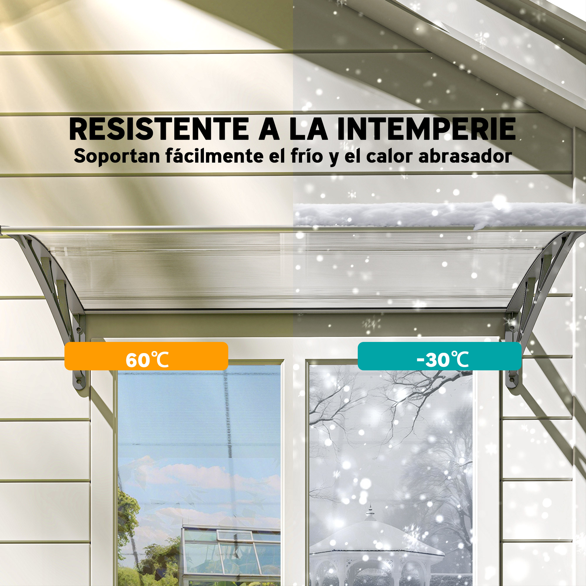 Imagen muestra un toldo con indicadores de temperatura. Resiste entornos de calor y frío extremos, como se muestra.