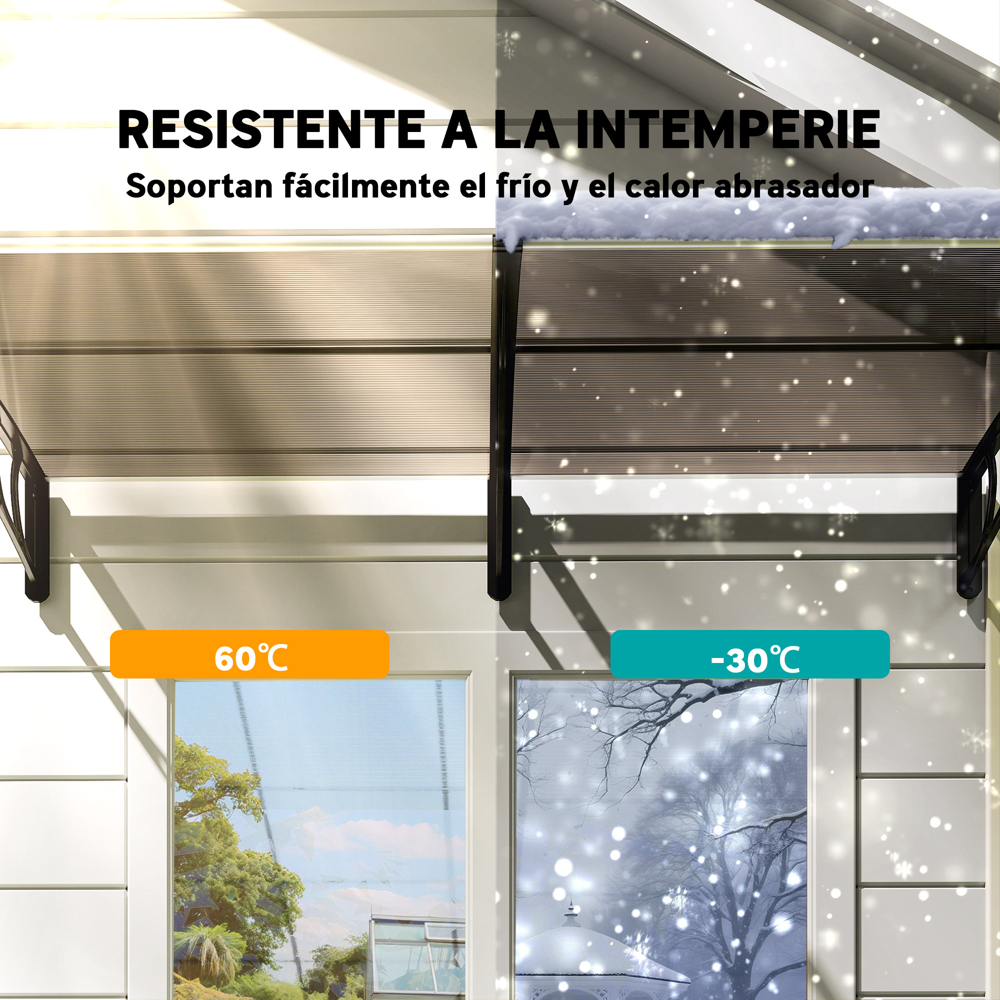 La imagen muestra la resistencia de un producto al frío y al calor. Texto: RESISTENTE A LA INTEMPERIE. Las temperaturas son 60°C y -30°C.