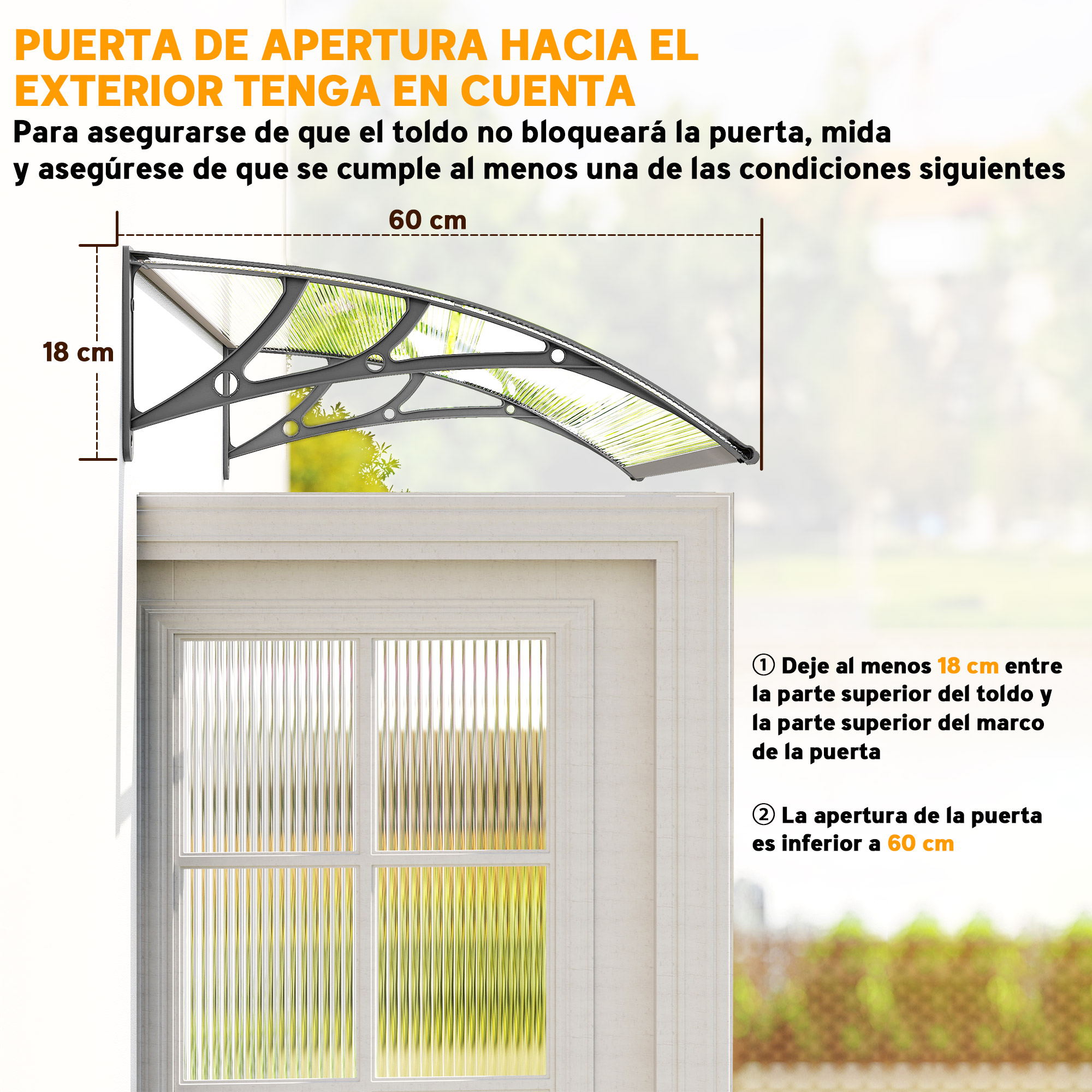 Un toldo de puerta con dimensiones. Se proporcionan instrucciones y medidas para la instalación y el uso. El fondo está borroso.