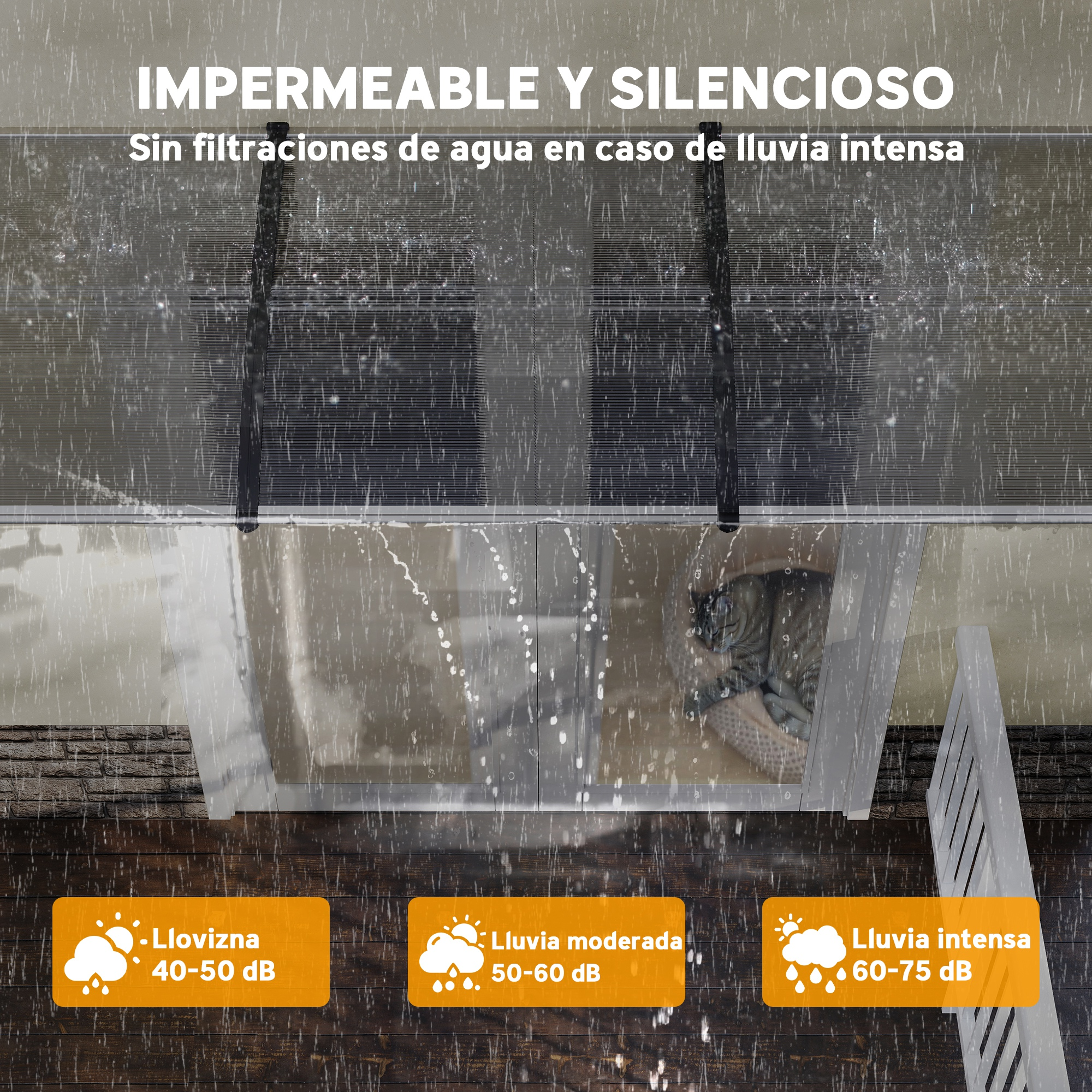La imagen muestra lluvia en una ventana. El texto indica que es impermeable y silencioso, con etiquetas para intensidades de lluvia.