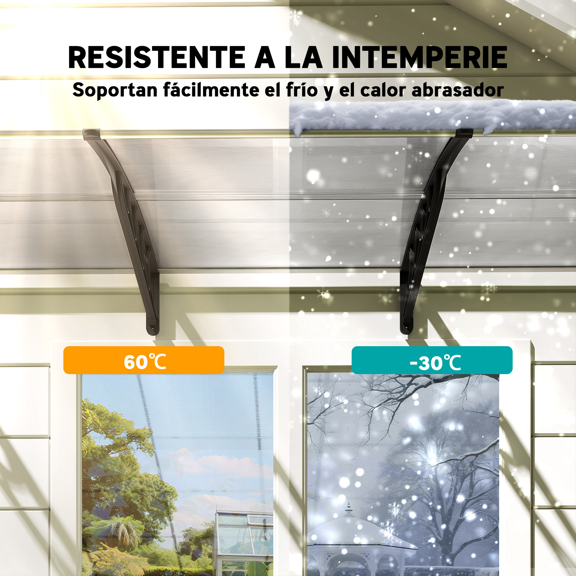 La imagen muestra un producto probado a temperaturas extremas, de 60°C a -30°C. Se representan nieve y sol.