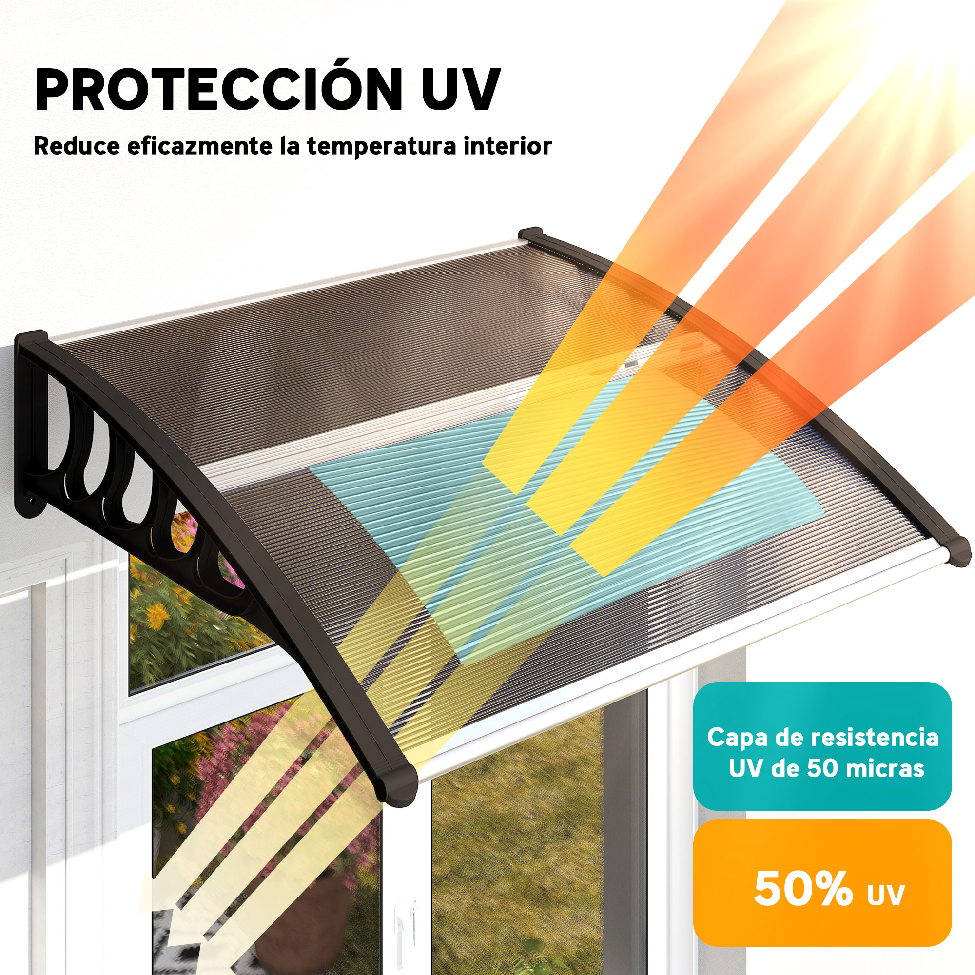 Un parasol está montado encima de una ventana. Tiene un marco negro y una cubierta translúcida. Se muestran rayos de luz amarillos.