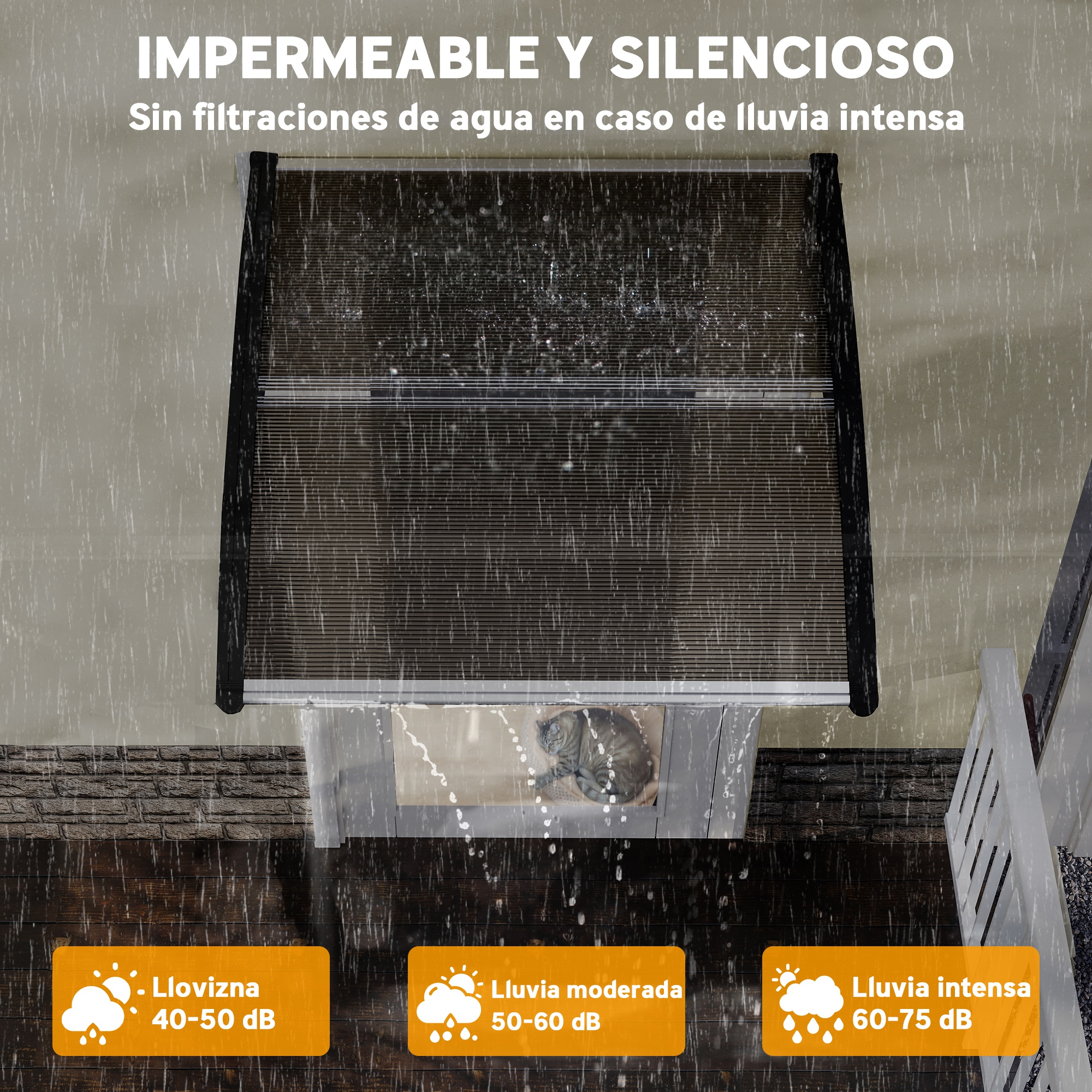 Una ventana con persiana cerrada bajo lluvia intensa. Un gato dentro. Texto indica niveles de lluvia y decibelios.