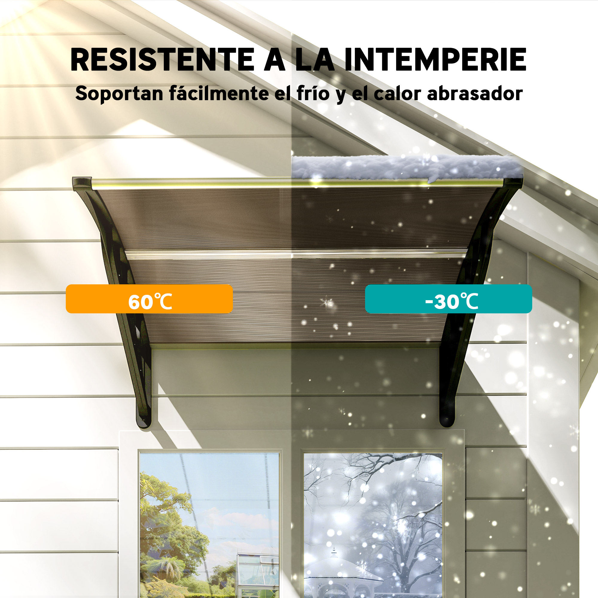 Un toldo en una casa, dividido para mostrar la resistencia al calor y al frío. El rango de temperatura es de 60°C a -30°C.