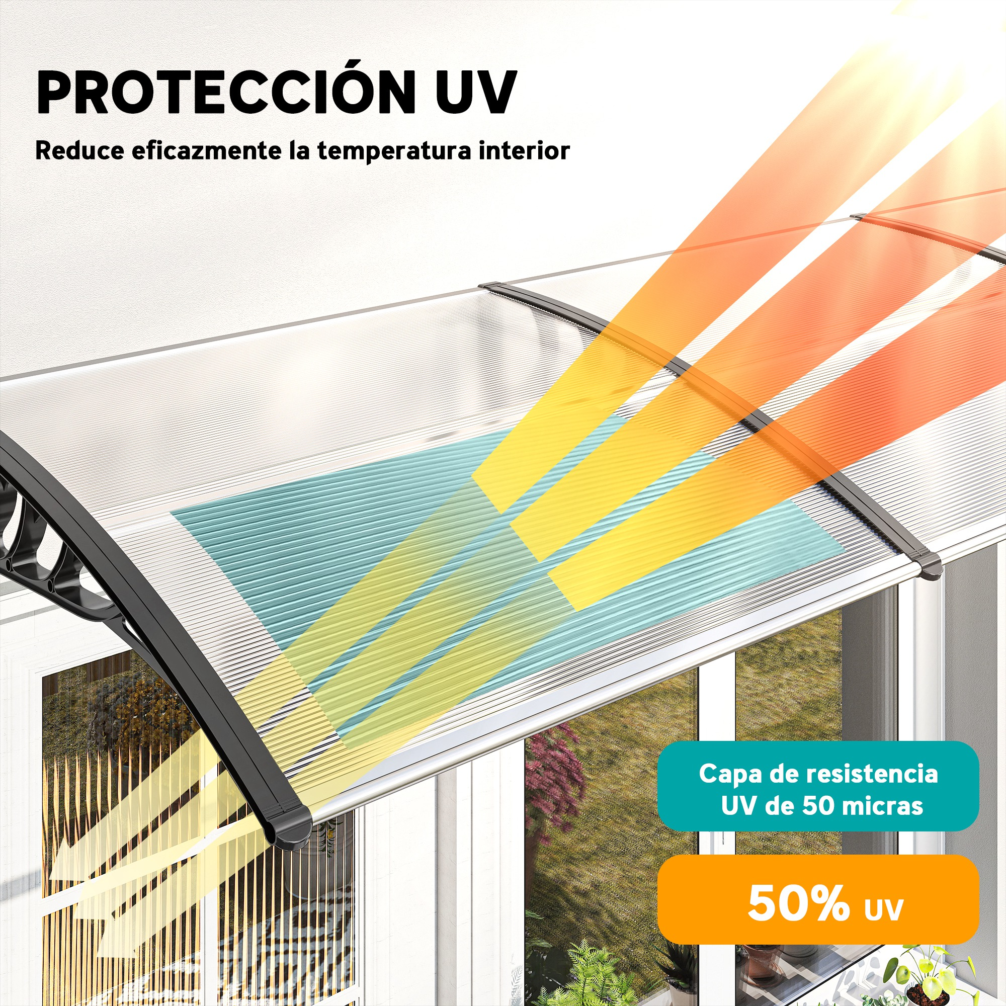 Un toldo con protección UV, mostrando rayos de luz. El texto dice 'PROTECCIÓN UV' y '50% UV'.