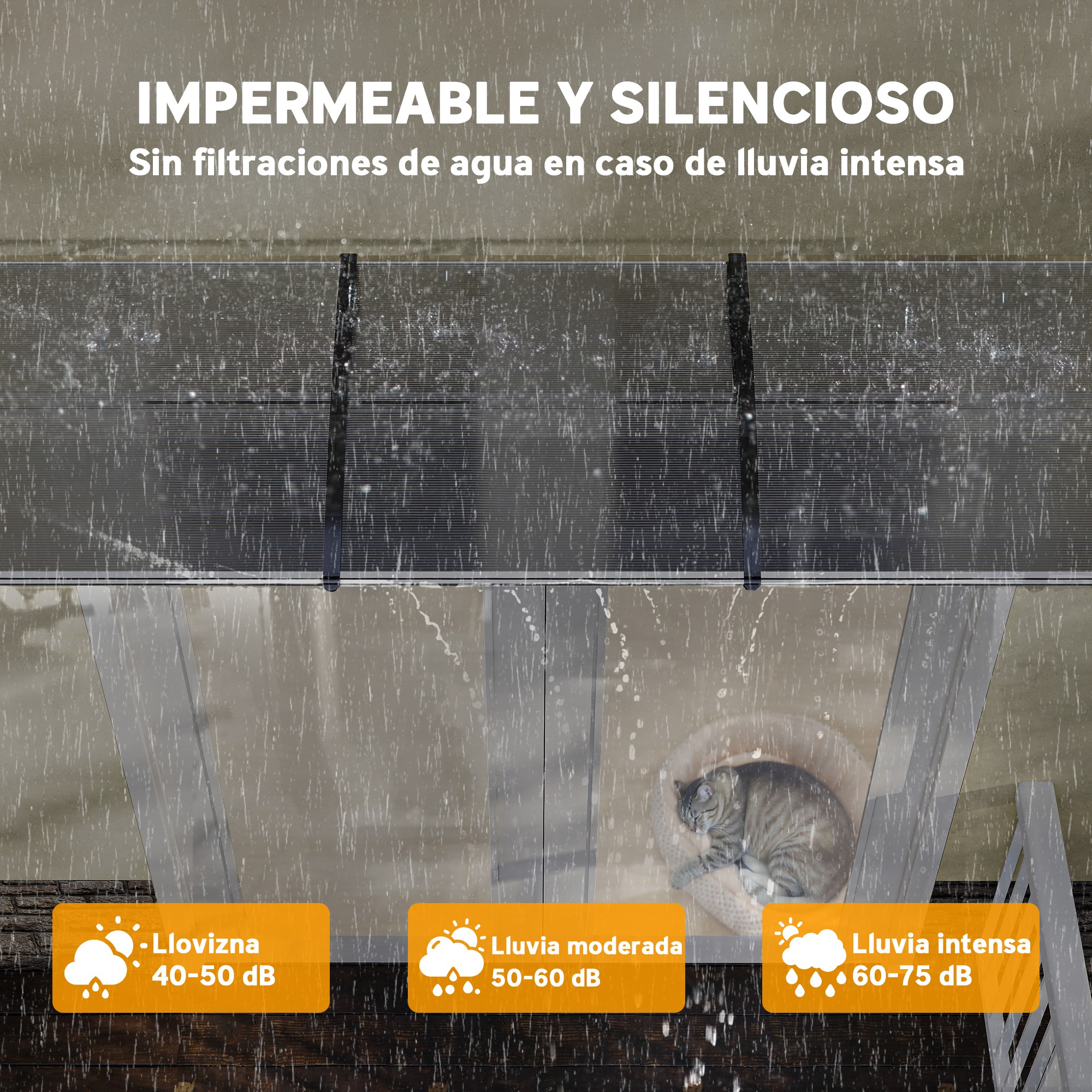 La imagen muestra lluvia en una cubierta de patio. Un gato duerme en una cama. El texto describe los niveles de lluvia y el sonido.