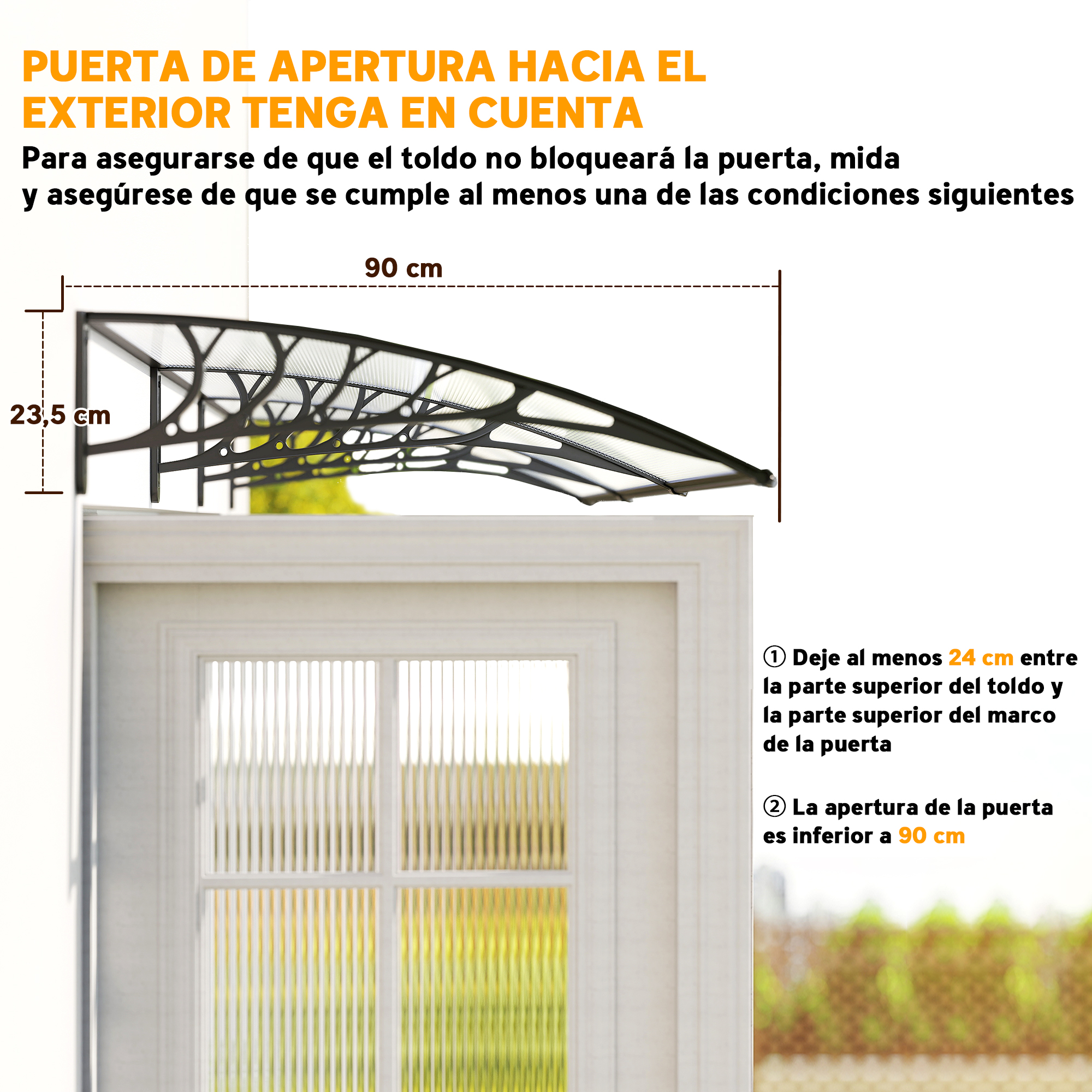 Imagen muestra una puerta con toldo. El texto proporciona medidas e instrucciones para una correcta instalación.