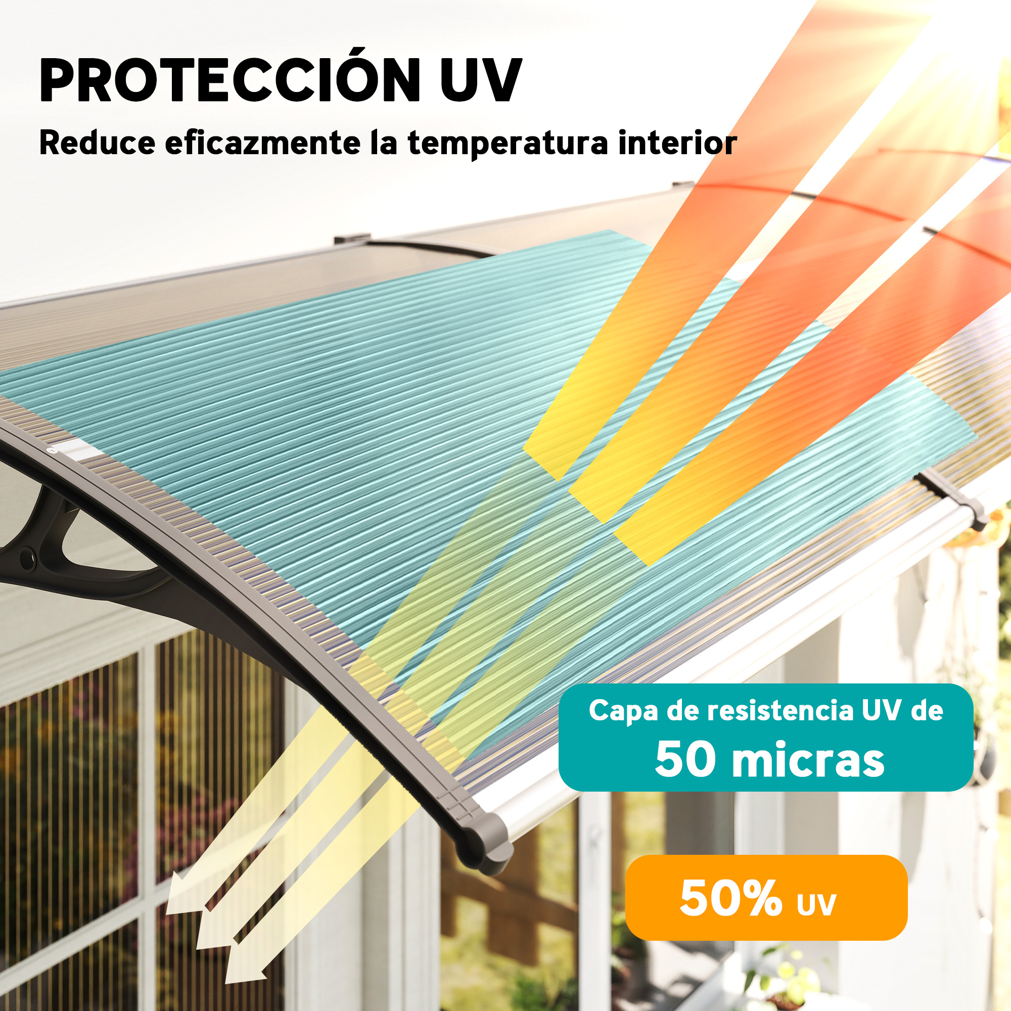 La imagen muestra un toldo de protección UV con texto. El toldo es azul e inclinado. Flechas y texto indican protección UV.
