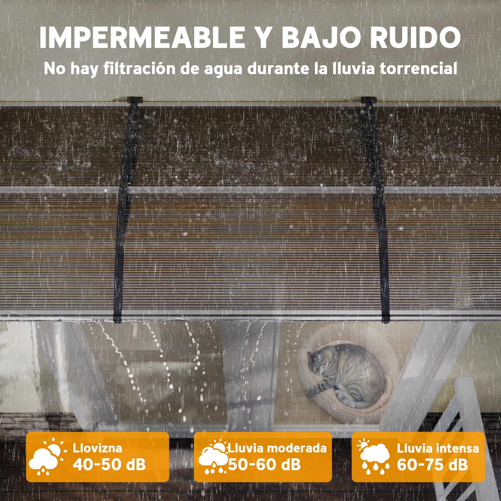 Lluvia cayendo sobre una ventana cerrada. Dentro, un gato descansa en una cama. El texto describe los niveles de lluvia y decibelios.
