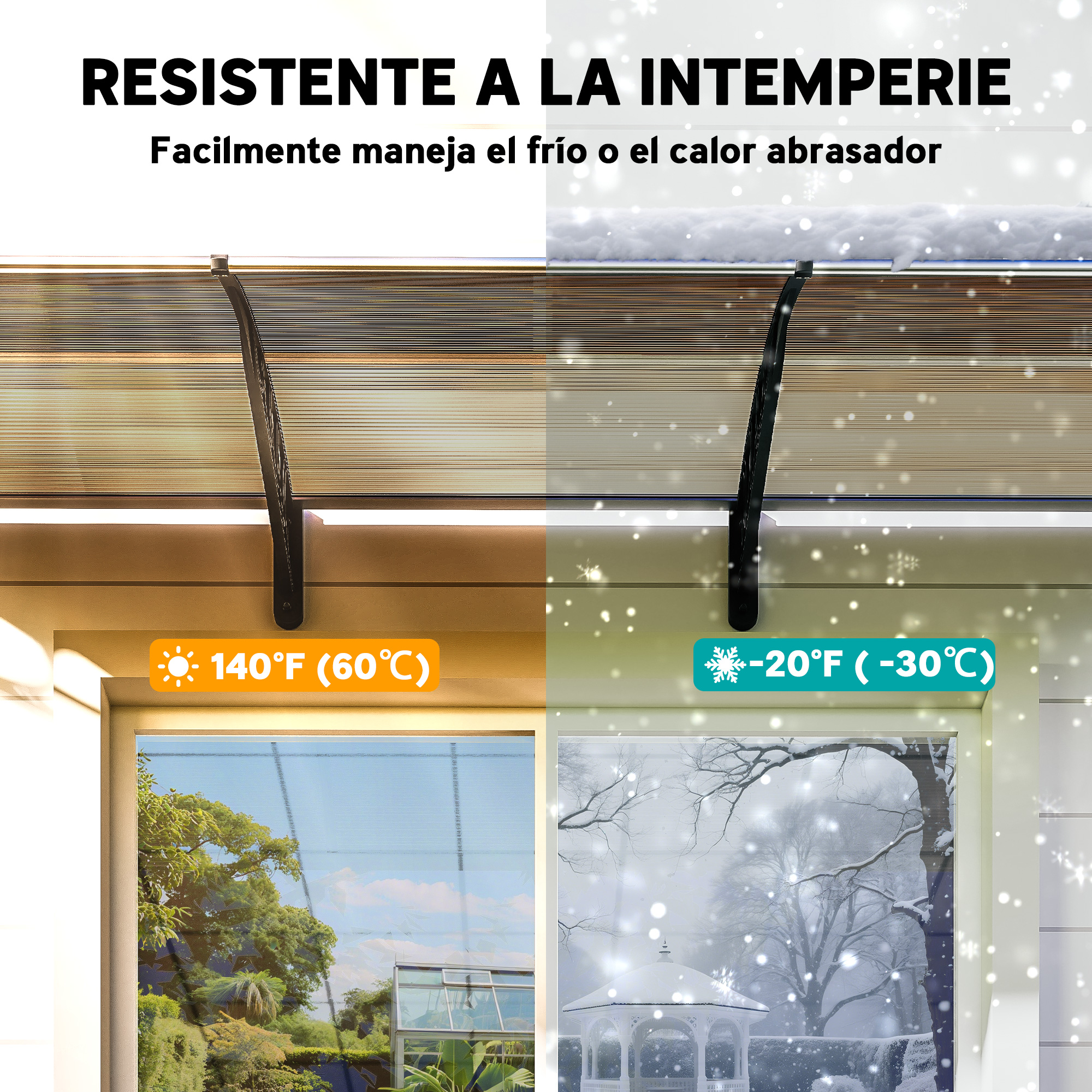 La imagen muestra una ventana con dos escenas: verano caluroso e invierno nevado. El texto indica resistencia al clima.