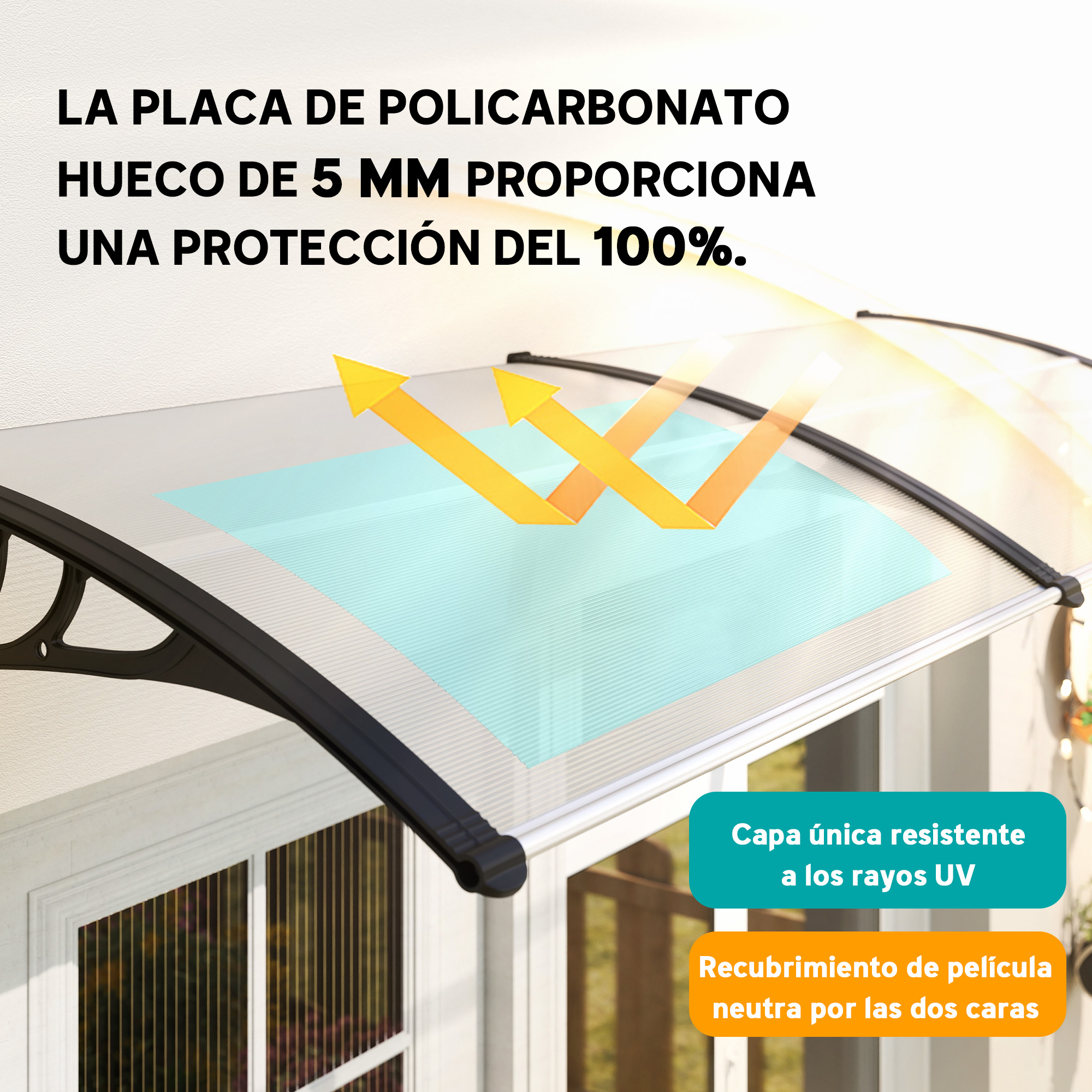 Una lámina de policarbonato con protección UV. Flechas muestran la luz solar. Texto destaca resistencia UV y película neutra.