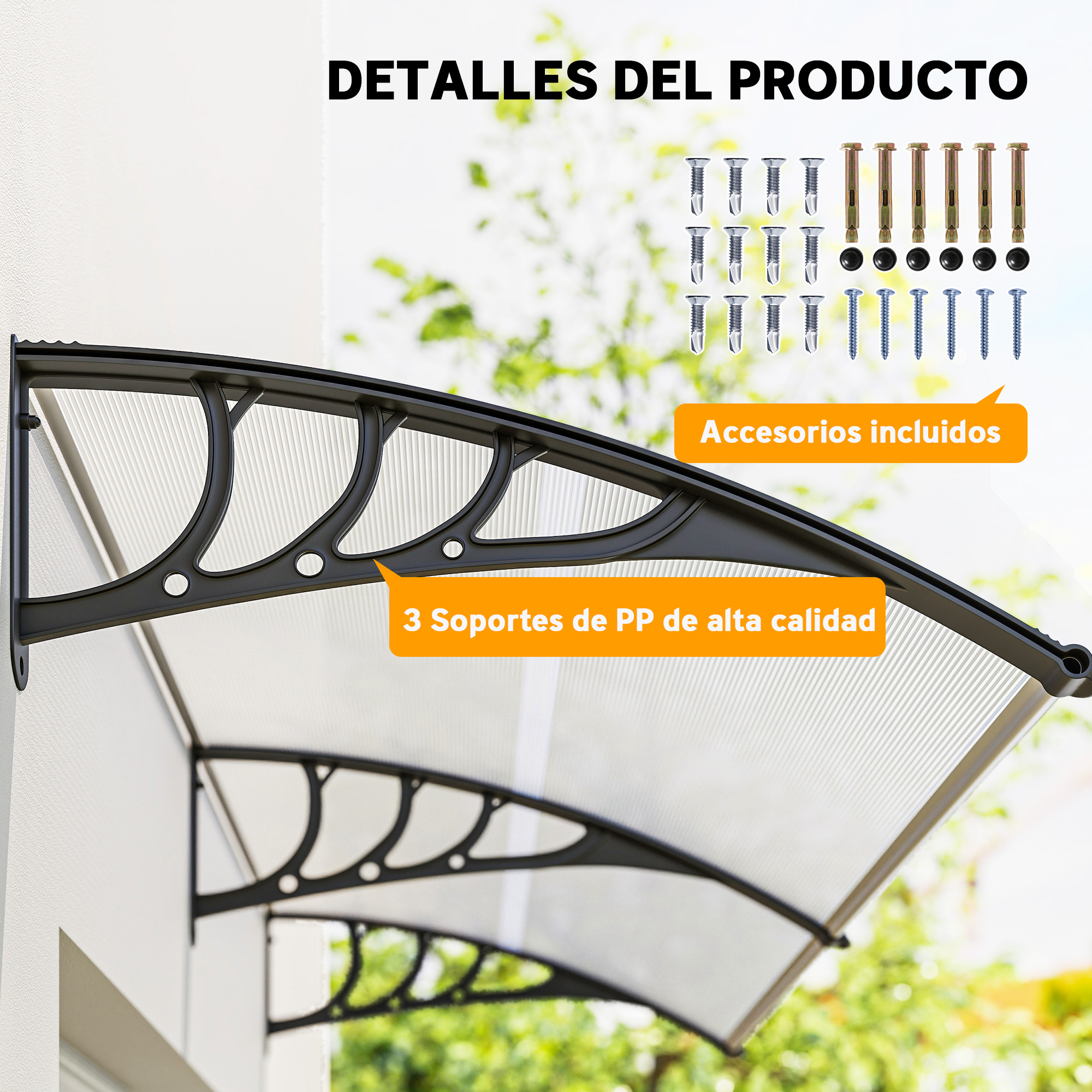 Un toldo blanco y negro está montado en una pared blanca. La imagen muestra los detalles del producto y los accesorios incluidos.