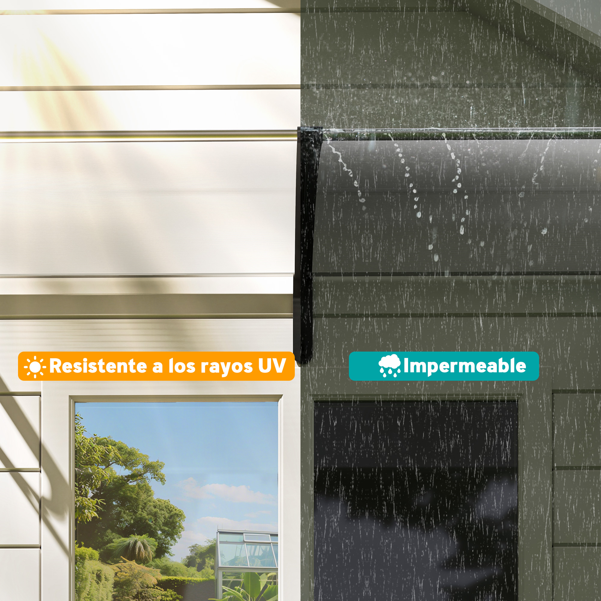 La imagen muestra una ventana. Un lado es soleado, el otro muestra lluvia. El texto dice resistente a los rayos UV e impermeable.