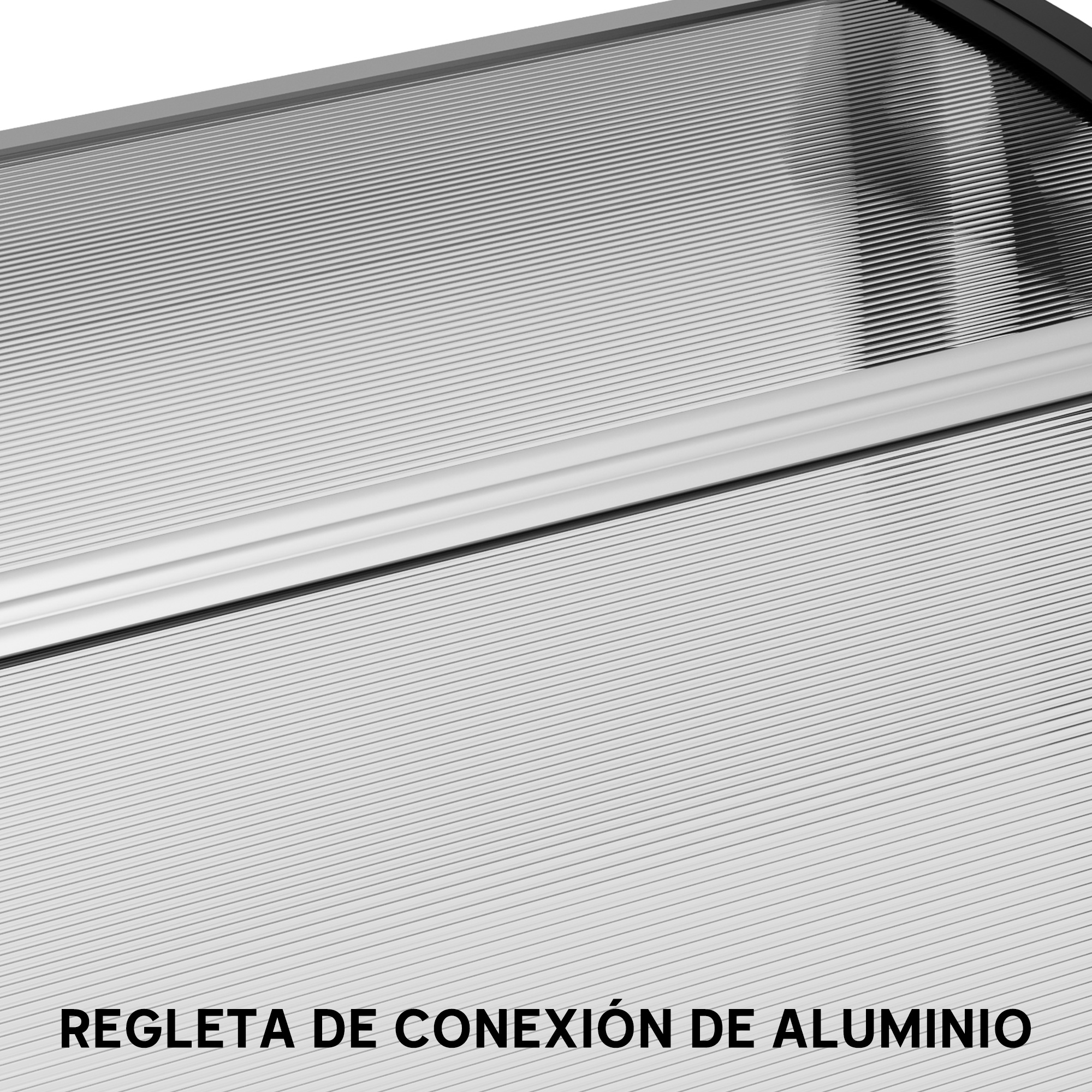 Primer plano de una tira de aluminio plateado con líneas paralelas y el texto 'REGLETA DE CONEXIÓN DE ALUMINIO'.