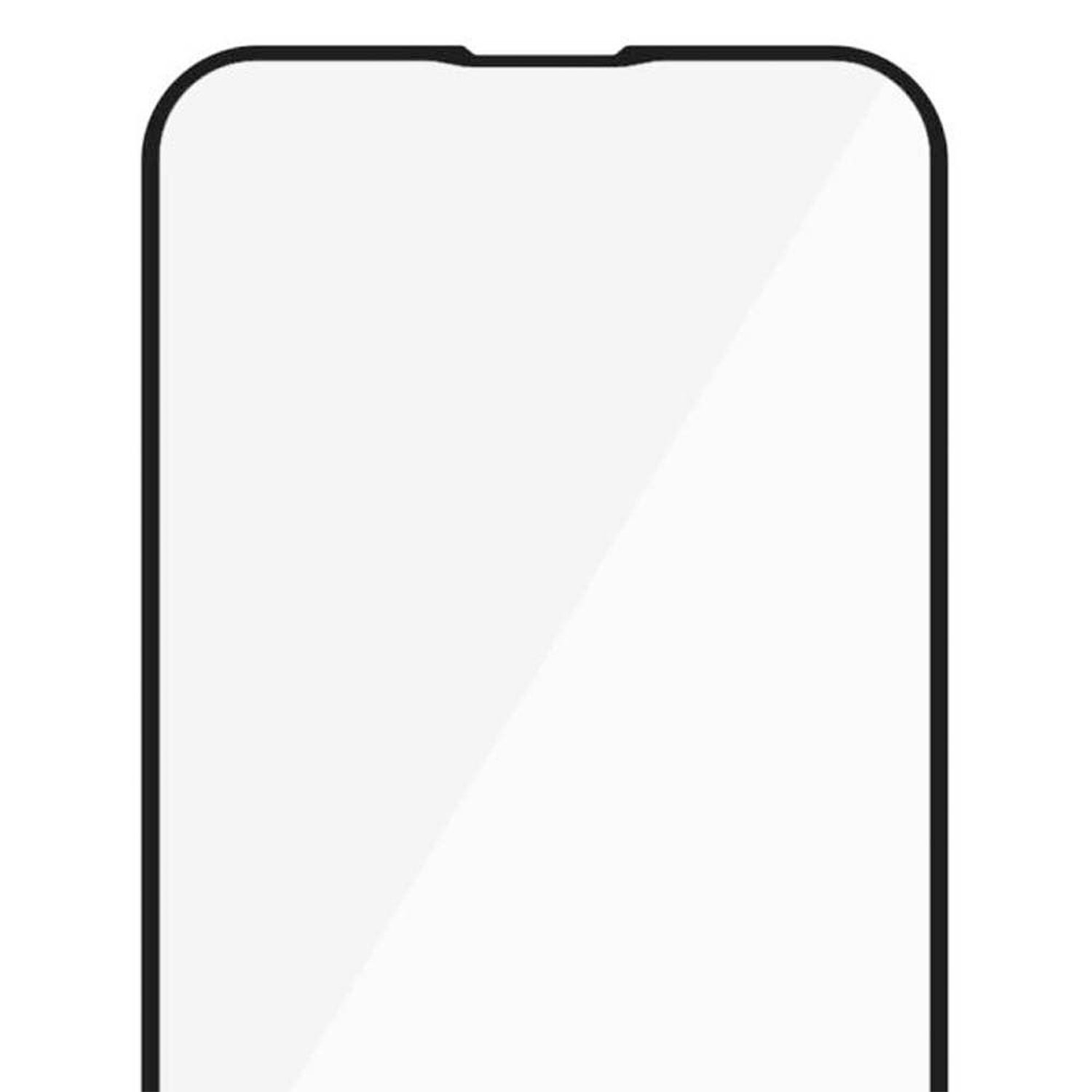 Un proteggi schermo per telefono con bordo nero e centro bianco. La parte superiore ha una piccola rientranza.