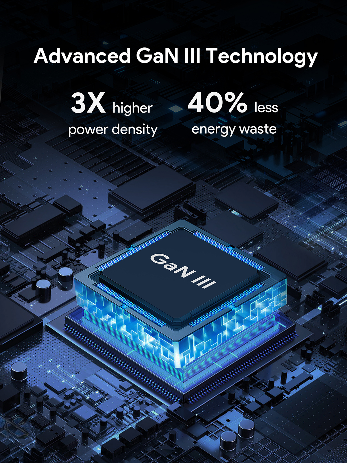 Imagen muestra un chip GaN III con texto: 3X mayor densidad de potencia y 40% menos desperdicio de energía. Esquema de color azul y negro.