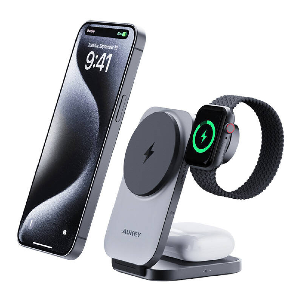 Un teléfono, un Apple Watch y unos auriculares están en una estación de carga. La pantalla del teléfono muestra la fecha y hora.