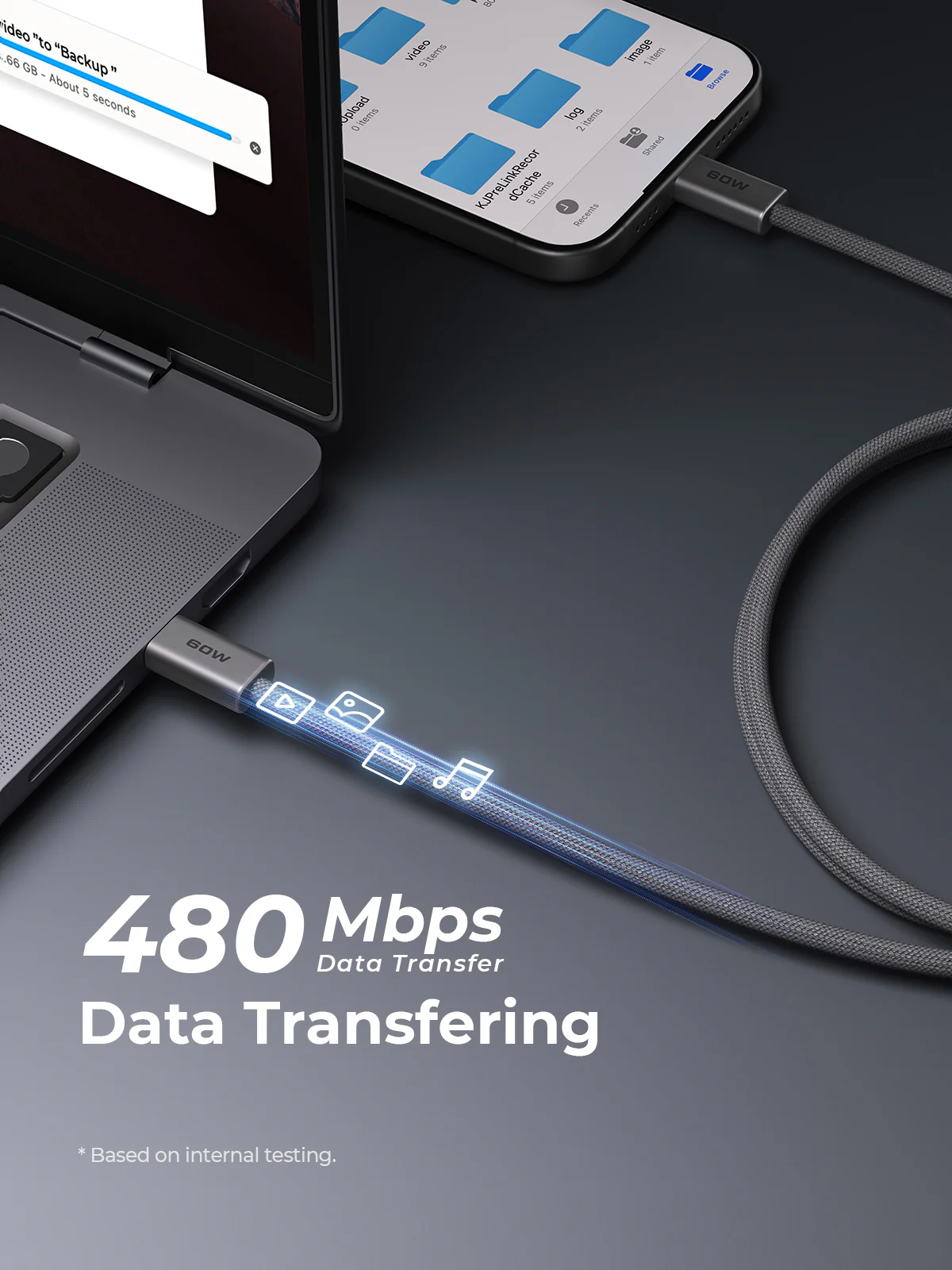 Un teléfono y un portátil están conectados por un cable gris. El cable muestra iconos de transferencia de datos. El texto dice 480 Mbps Transferencia de datos.