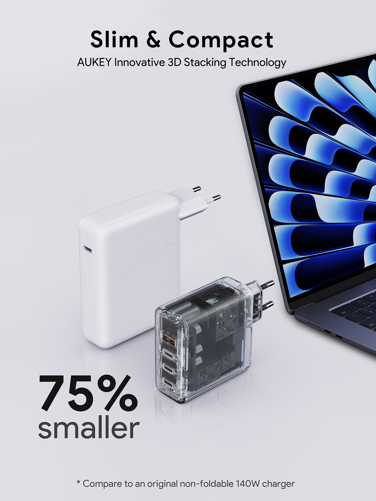 Imagen muestra un cargador blanco y otro transparente, una laptop y texto que dice '75% más pequeño'.