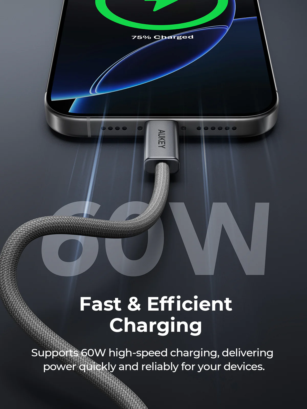 Teléfono cargando con cable gris. Pantalla muestra 75% cargado. Texto: Carga rápida y eficiente. Admite carga rápida de 60W.
