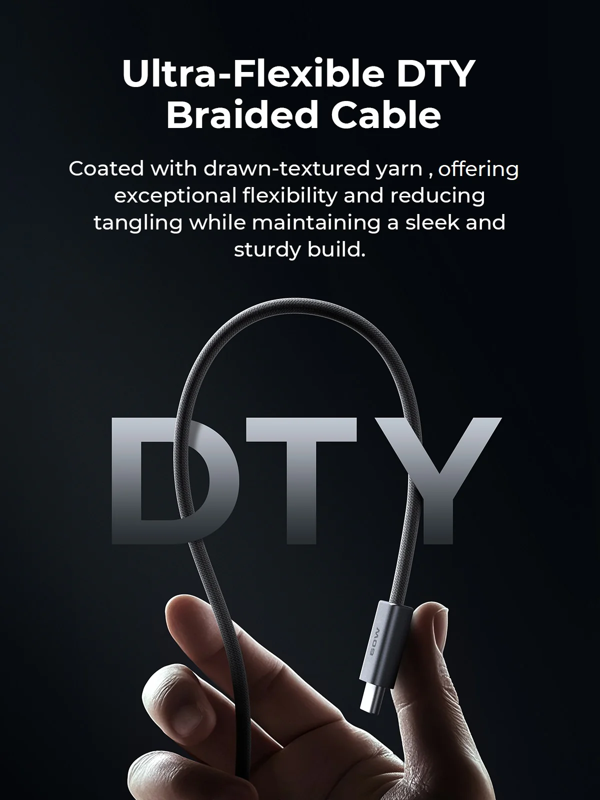 Una mano sostiene un cable trenzado gris. El cable se arquea sobre las letras DTY. El texto dice Cable trenzado DTY ultra flexible.