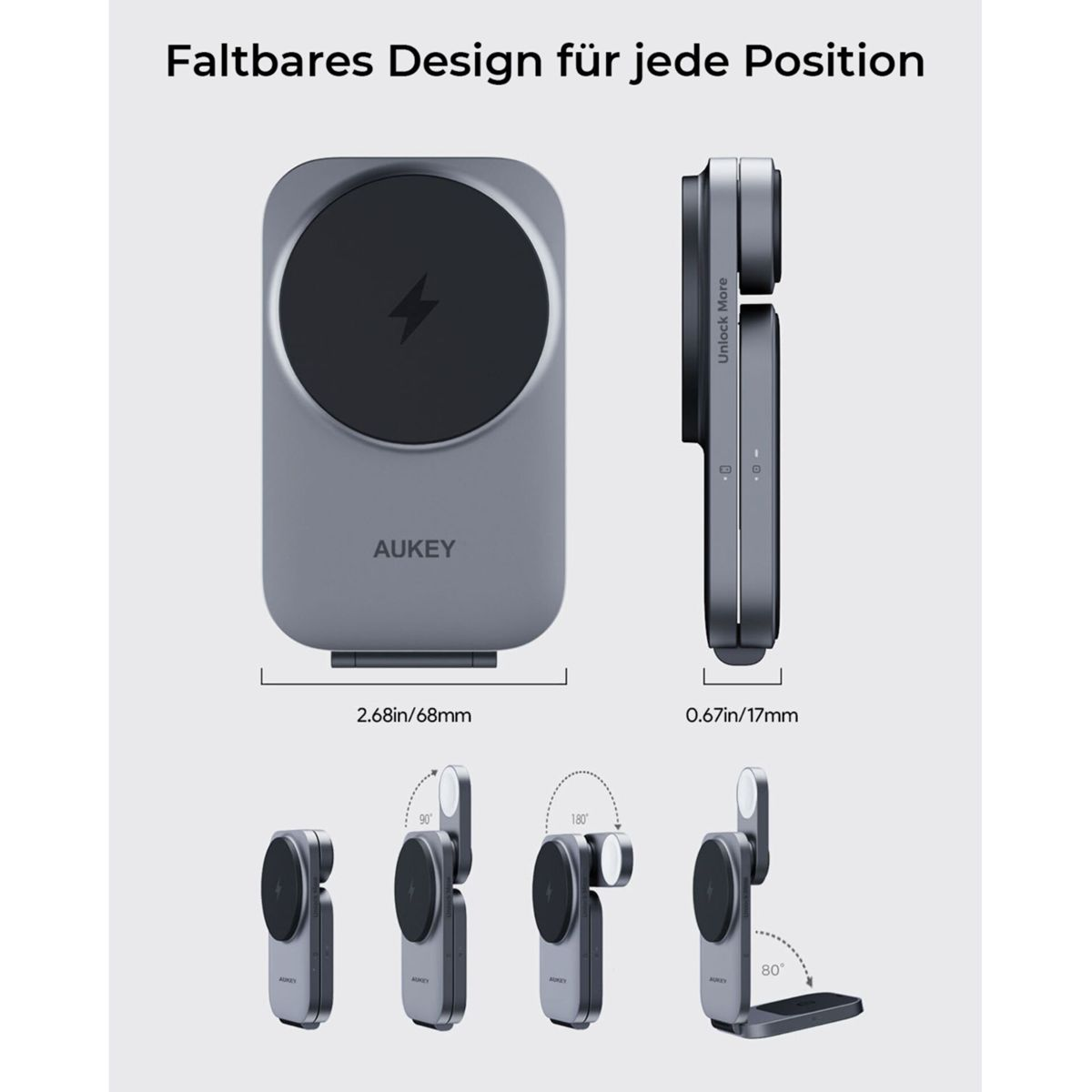 Un cargador de teléfono magnético gris con múltiples opciones de ángulo. El producto se muestra desde múltiples ángulos, destacando su diseño plegable y características.