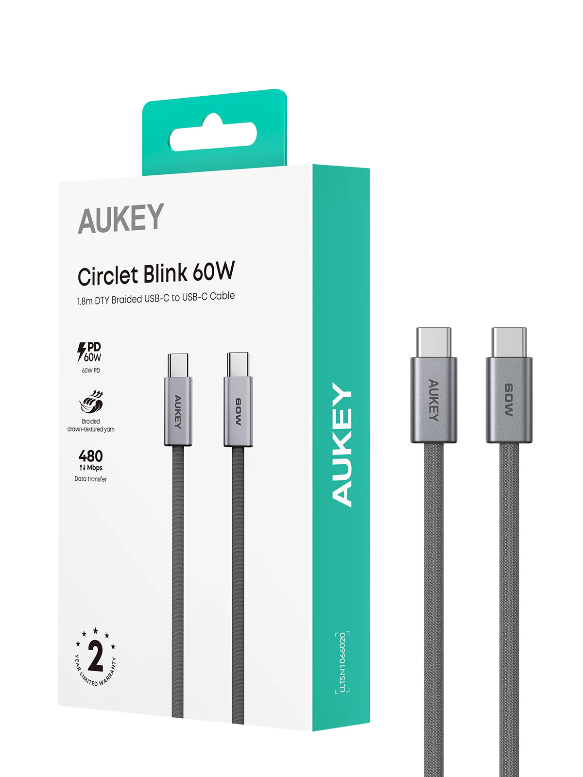 Cable AUKEY Circlet Blink 60W USB-C. Cable trenzado gris con conectores plateados, 60W, en una caja blanca y verde azulado.