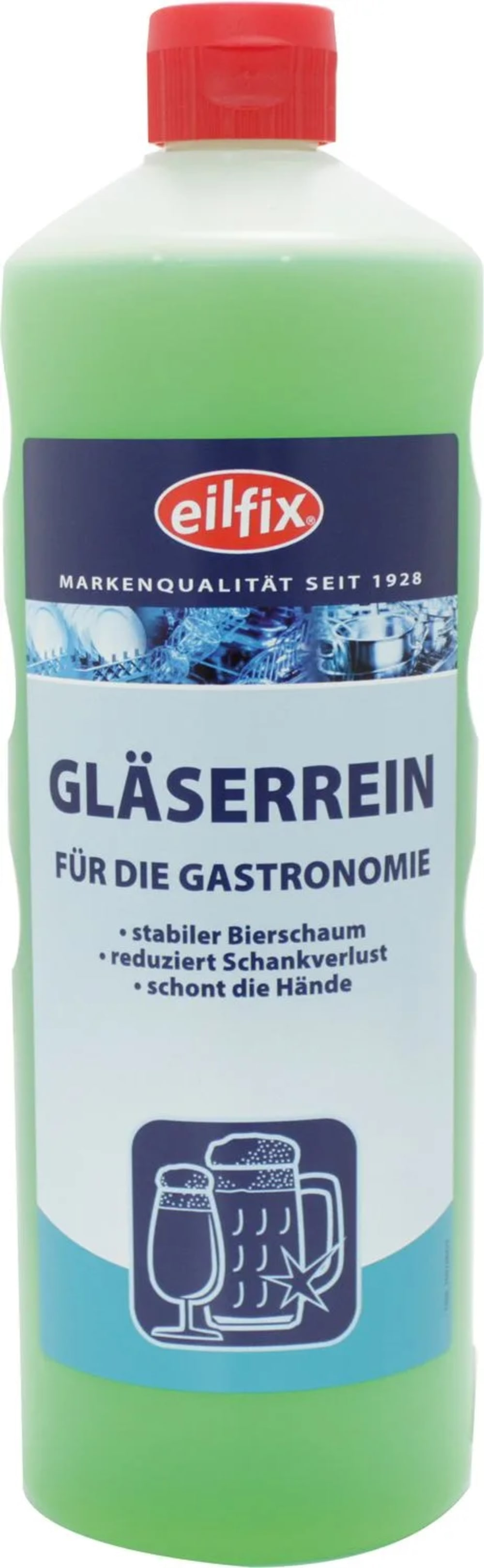 Bottiglia verde con tappo rosso. Etichetta: 'GLÄSERREIN' e 'FÜR DIE GASTRONOMIE'.