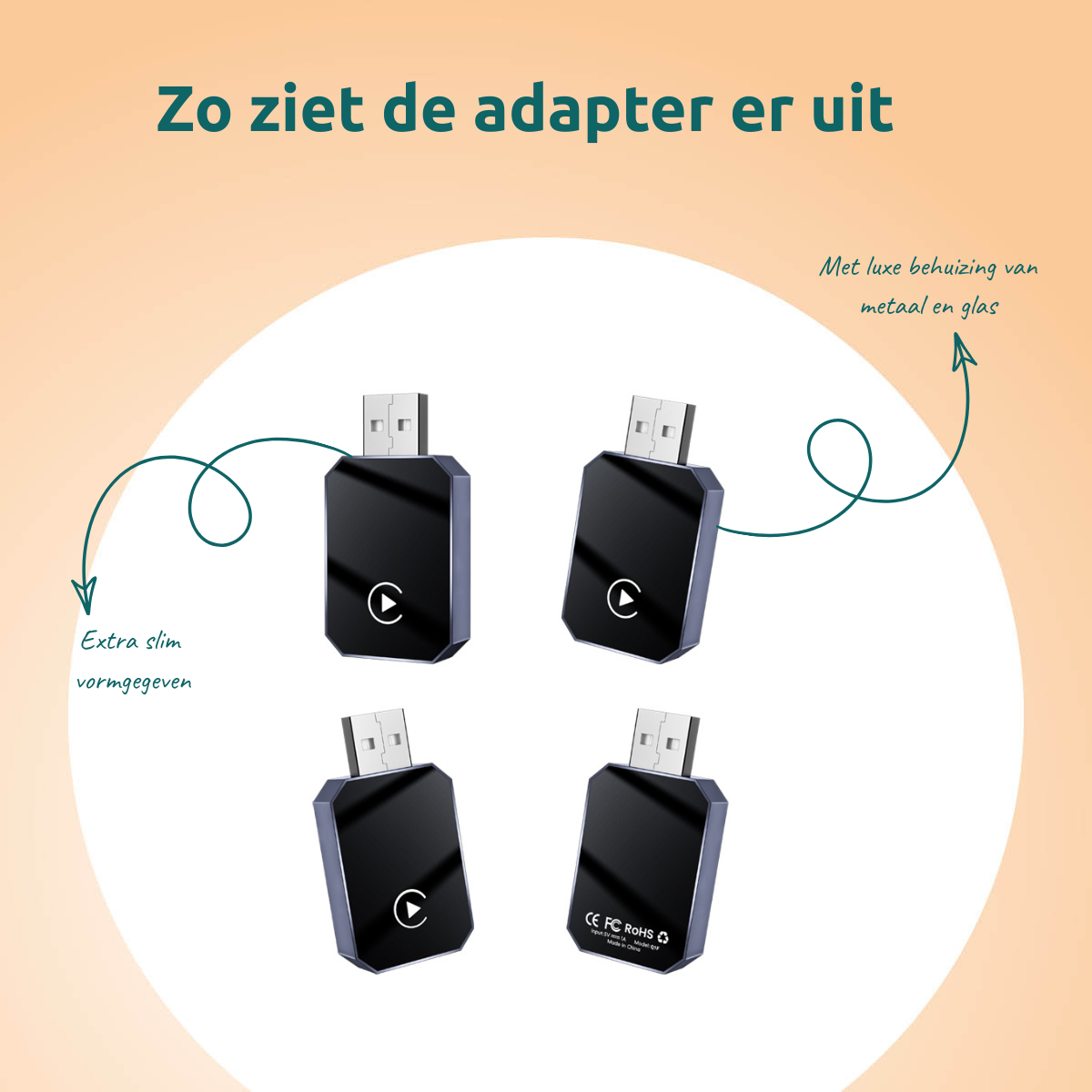 Four black USB adapters with white USB ends are shown. Text describes them as extra slim, with metal and glass.