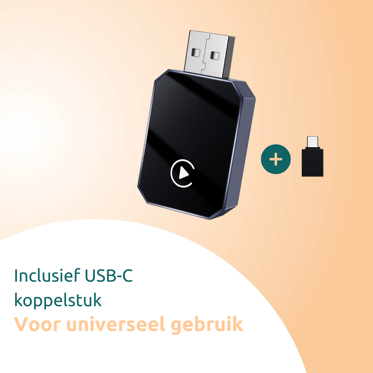 Black adapter with USB and USB-C connectors. Includes a USB-C adapter and a green plus symbol on an orange background.