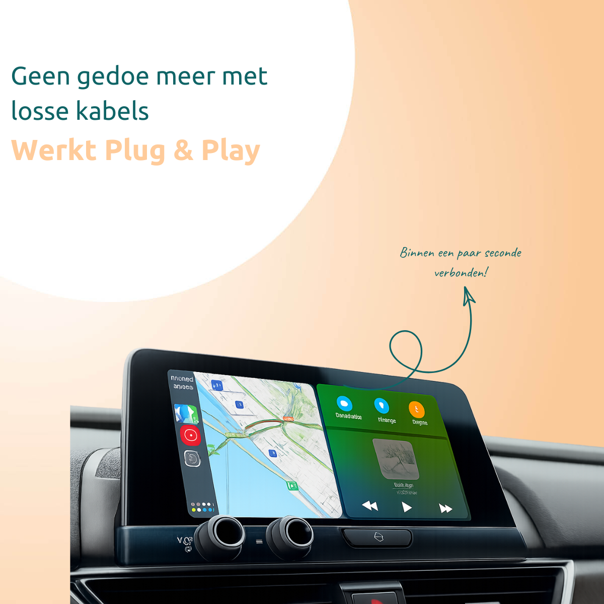 A car dashboard with a screen displaying a map and music controls, with wireless earbuds in front. Text overlay: 'Plug & Play'.