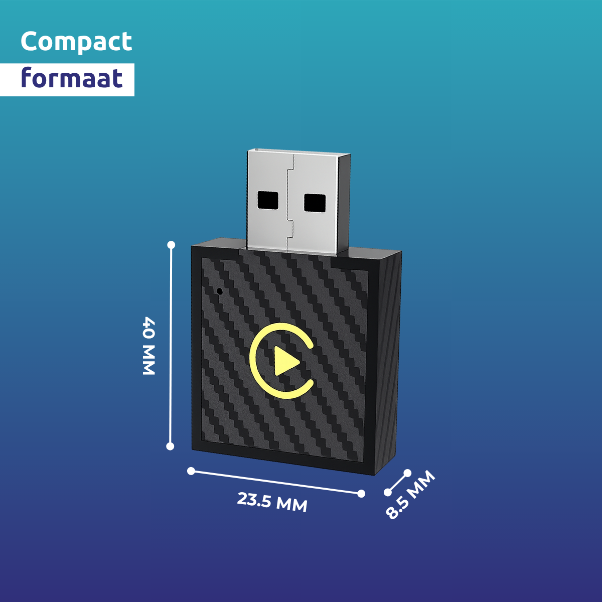 A USB device with a play button icon. It is black with a silver USB connector. Dimensions are labeled on the image.