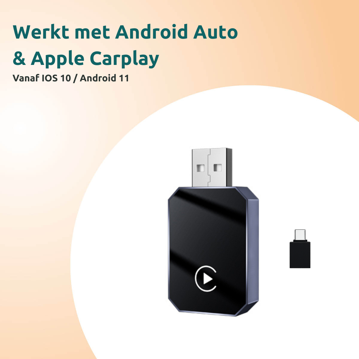 A black device with a USB connector and a smaller black connector next to it. Text at the top says Android Auto & Apple Carplay.