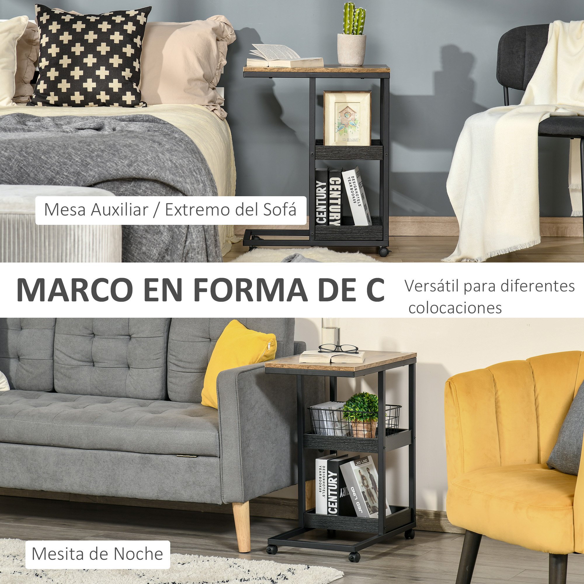 Una mesa auxiliar en forma de C con libros y un cactus junto a un sofá gris y una silla amarilla.